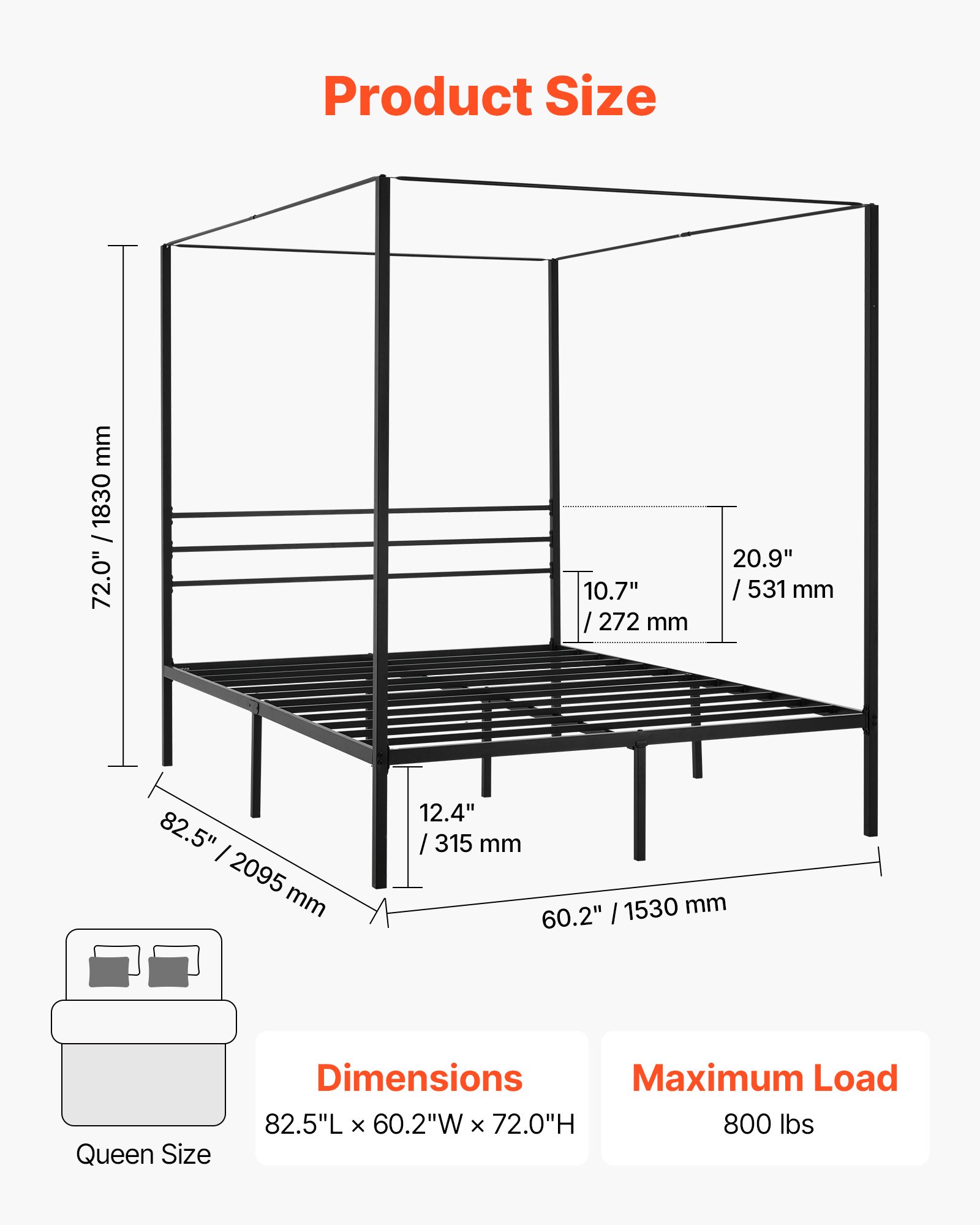 VEVOR Himmelbettrahmen (Queen Size), Metallhimmelbett (363 kg belastbar) mit Himmelbett-Design, Stahllattenstütze (Quadrat), Stauraum unter dem Bett, kein Boxspring erforderlich, Netzrahmen Schwarz