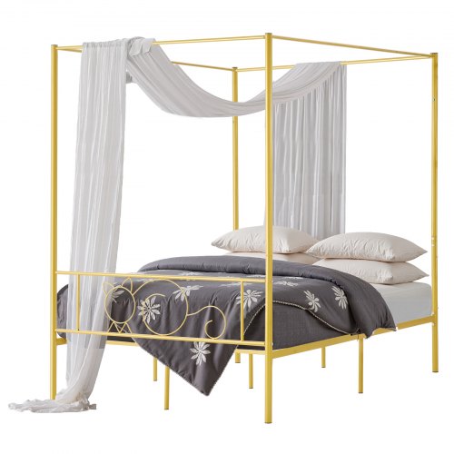 VEVOR Himmelbettrahmen (Full Size), Metallhimmelbett mit minimalistischem Kopfteil & Himmelbett-Design, robuste Stahllattenstütze (rund), Stauraum unter dem Bett, kein Boxspring erforderlich, Gold