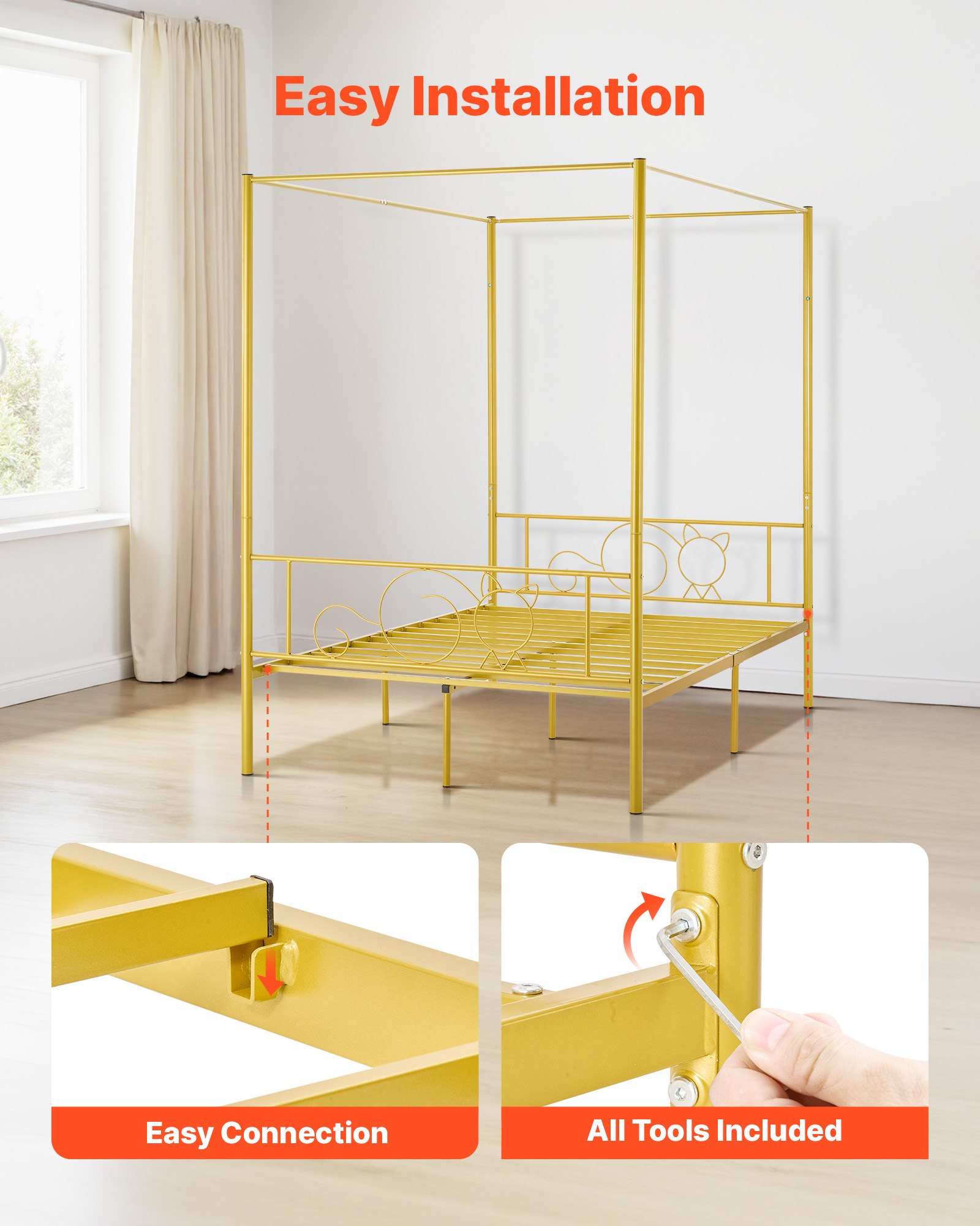 VEVOR Himmelbettrahmen (Full Size), Metallhimmelbett mit minimalistischem Kopfteil & Himmelbett-Design, robuste Stahllattenstütze (rund), Stauraum unter dem Bett, kein Boxspring erforderlich, Gold