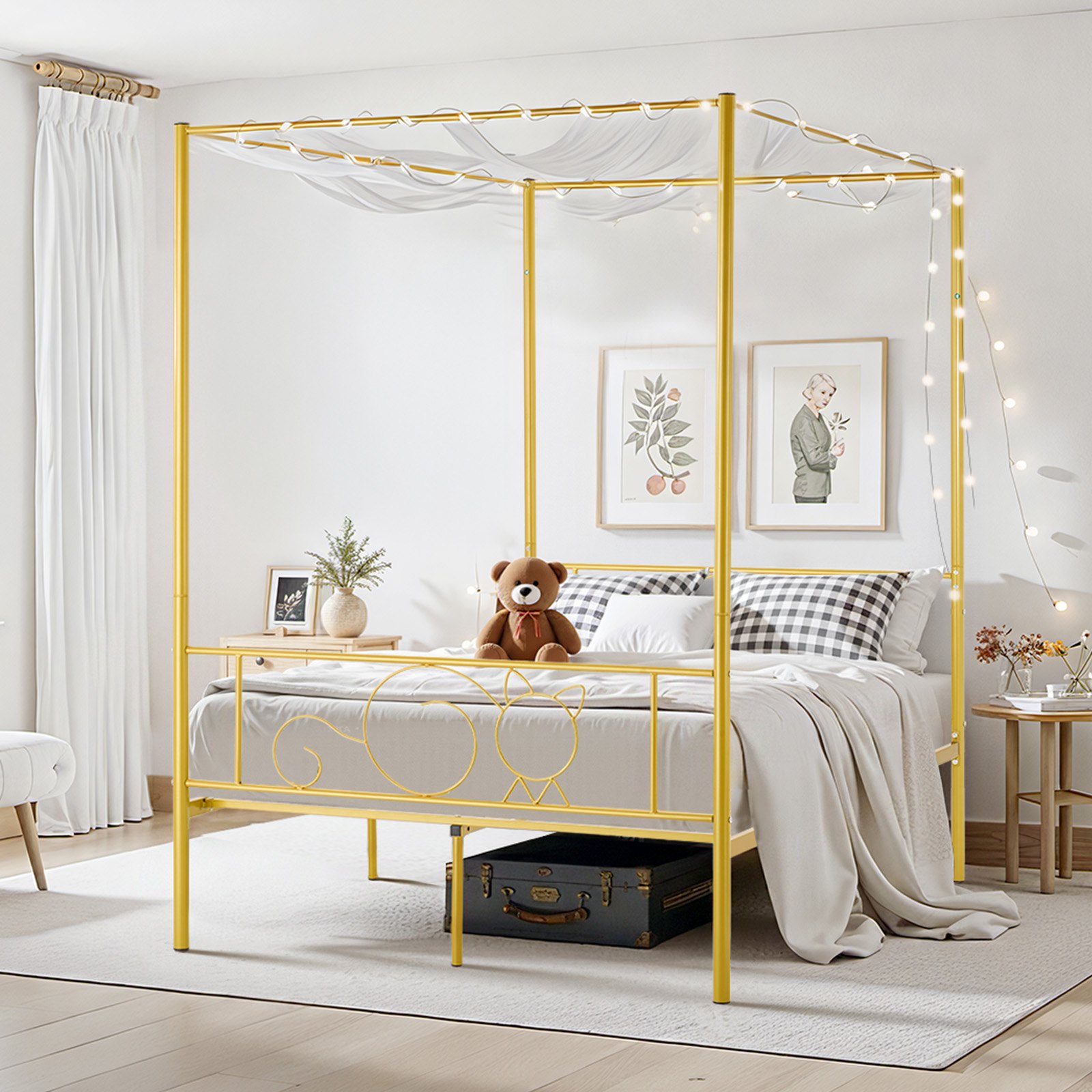 VEVOR Himmelbettrahmen (Full Size), Metallhimmelbett mit minimalistischem Kopfteil & Himmelbett-Design, robuste Stahllattenstütze (rund), Stauraum unter dem Bett, kein Boxspring erforderlich, Gold