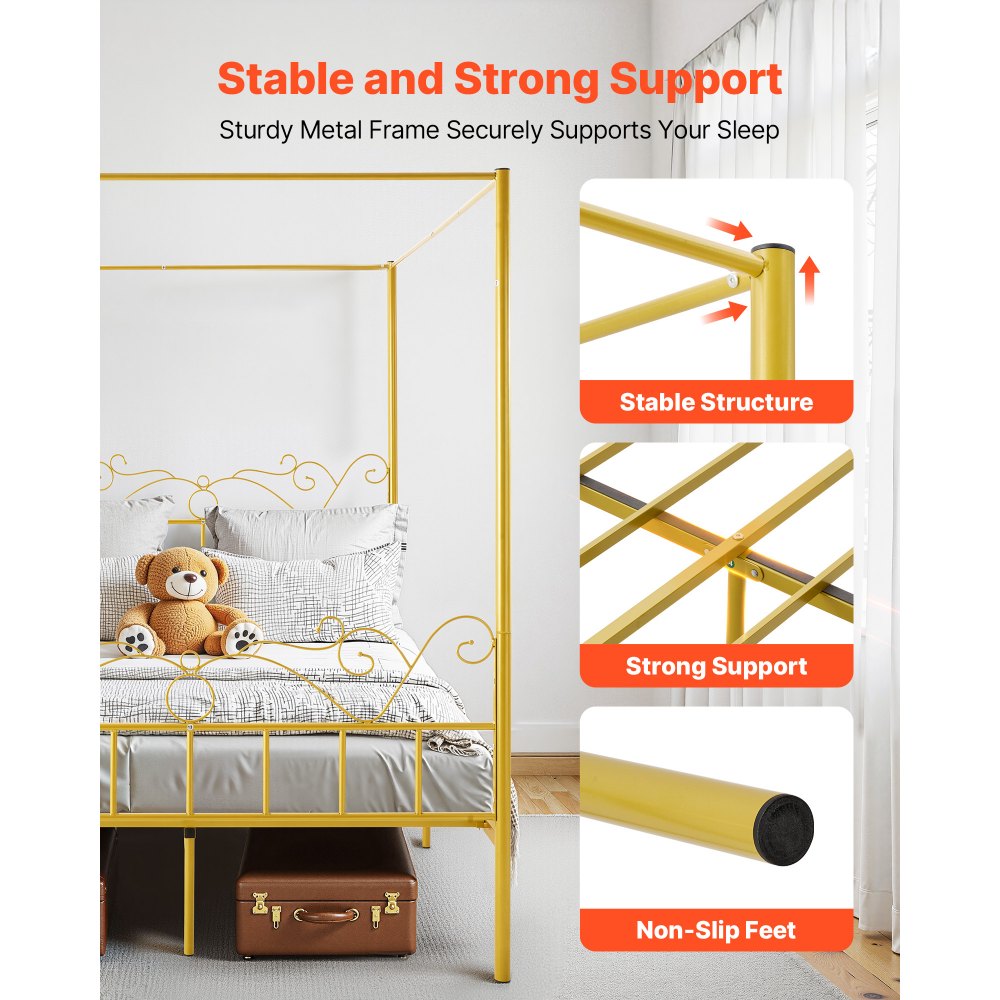 VEVOR Himmelbettrahmen (Queen Size), Metallhimmelbett mit minimalistischem Kopfteil & Himmelbett-Design, robuste Stahllattenstütze (rund), Stauraum unter dem Bett, kein Boxspring erforderlich, Gold