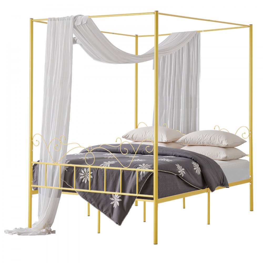 VEVOR Himmelbettrahmen (Queen Size), Metallhimmelbett mit minimalistischem Kopfteil & Himmelbett-Design, robuste Stahllattenstütze (rund), Stauraum unter dem Bett, kein Boxspring erforderlich, Gold