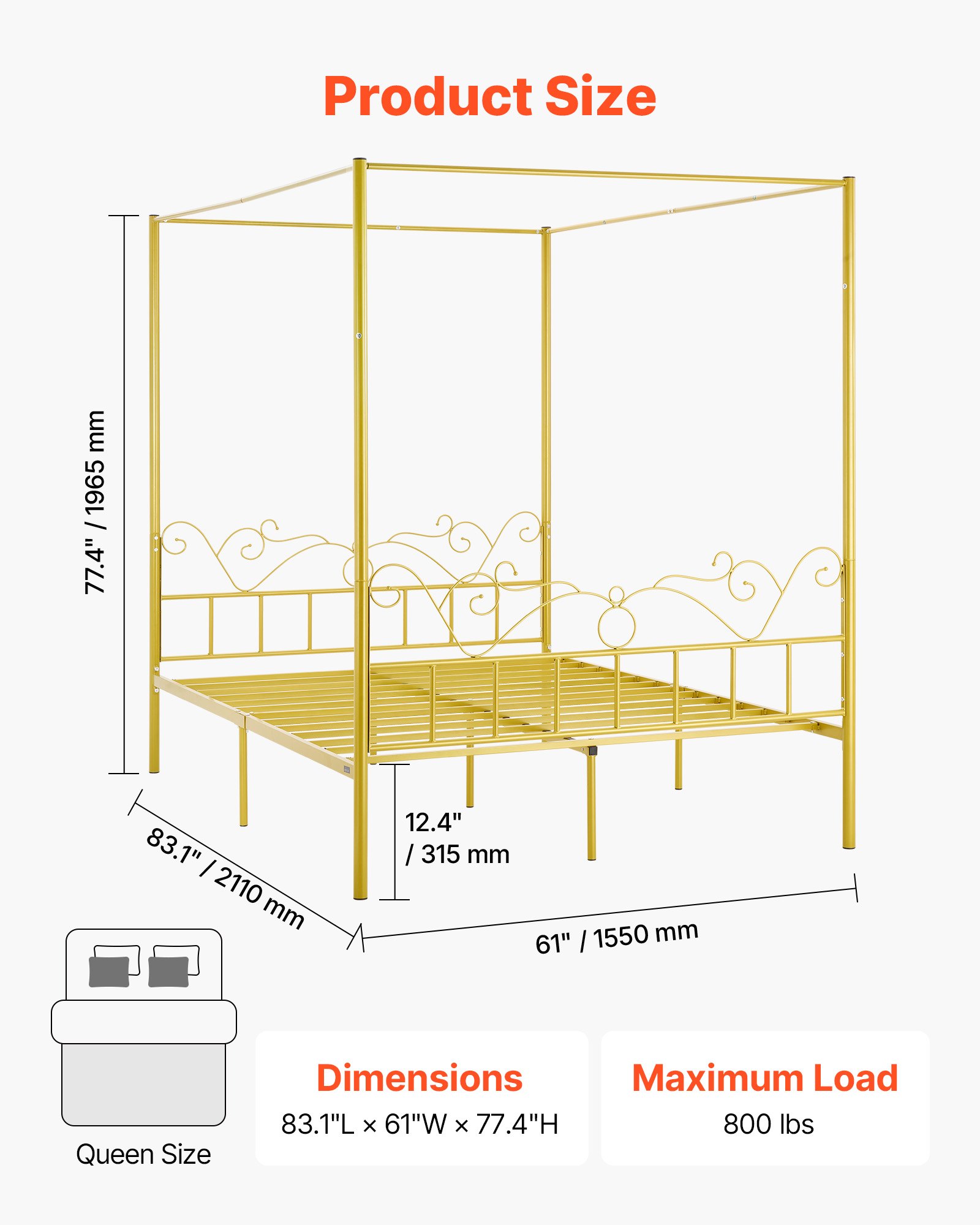 VEVOR Himmelbettrahmen (Queen Size), Metallhimmelbett mit minimalistischem Kopfteil & Himmelbett-Design, robuste Stahllattenstütze (rund), Stauraum unter dem Bett, kein Boxspring erforderlich, Gold