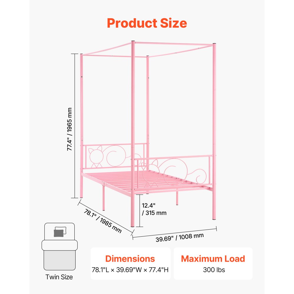 VEVOR Himmelbettrahmen (Twin Size), Metallhimmelbett mit minimalistischem Kopfteil & Himmelbett-Design, robuste Stahllattenstütze (rund), Stauraum unter dem Bett, kein Boxspring erforderlich, Rosa