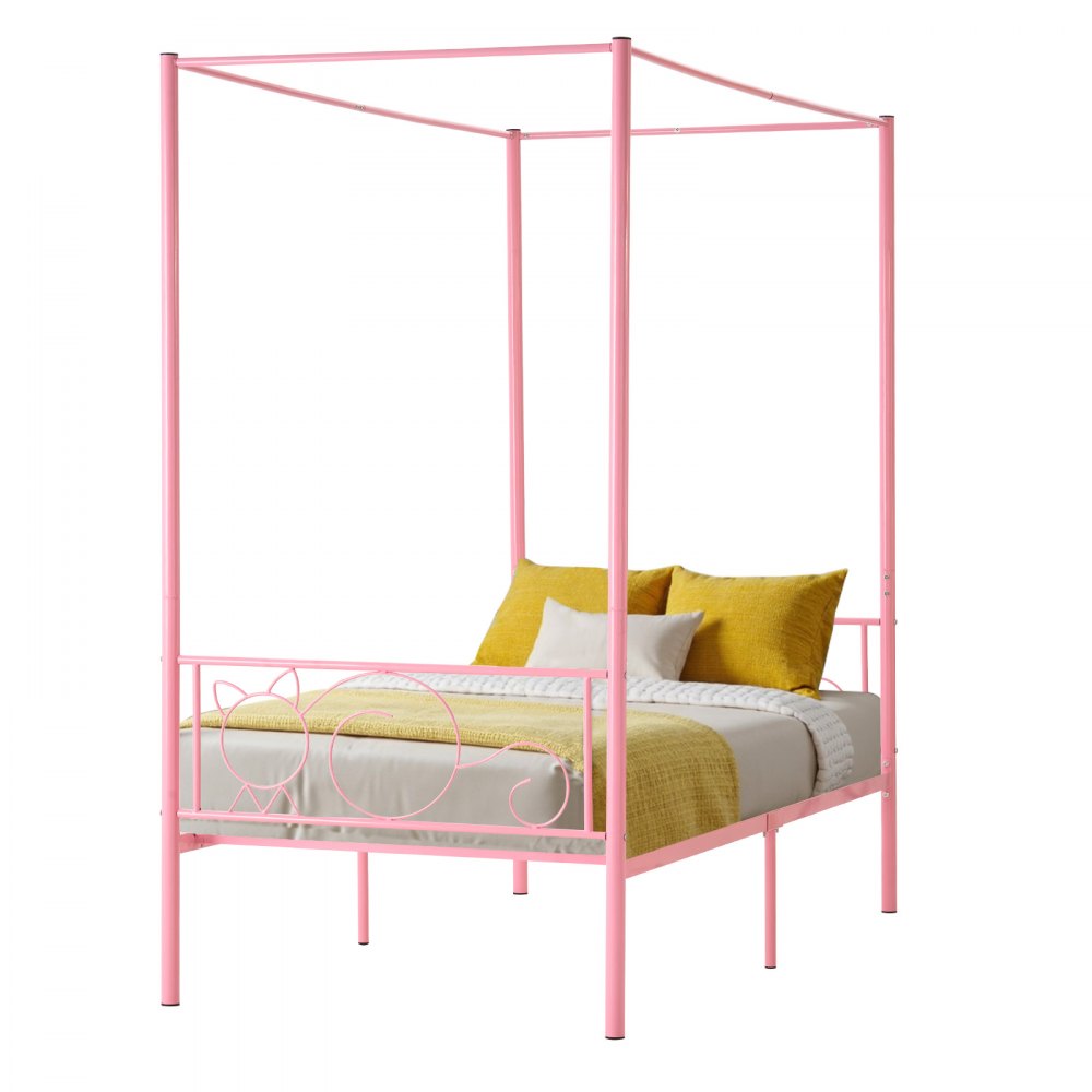 VEVOR Himmelbettrahmen (Twin Size), Metallhimmelbett mit minimalistischem Kopfteil & Himmelbett-Design, robuste Stahllattenstütze (rund), Stauraum unter dem Bett, kein Boxspring erforderlich, Rosa