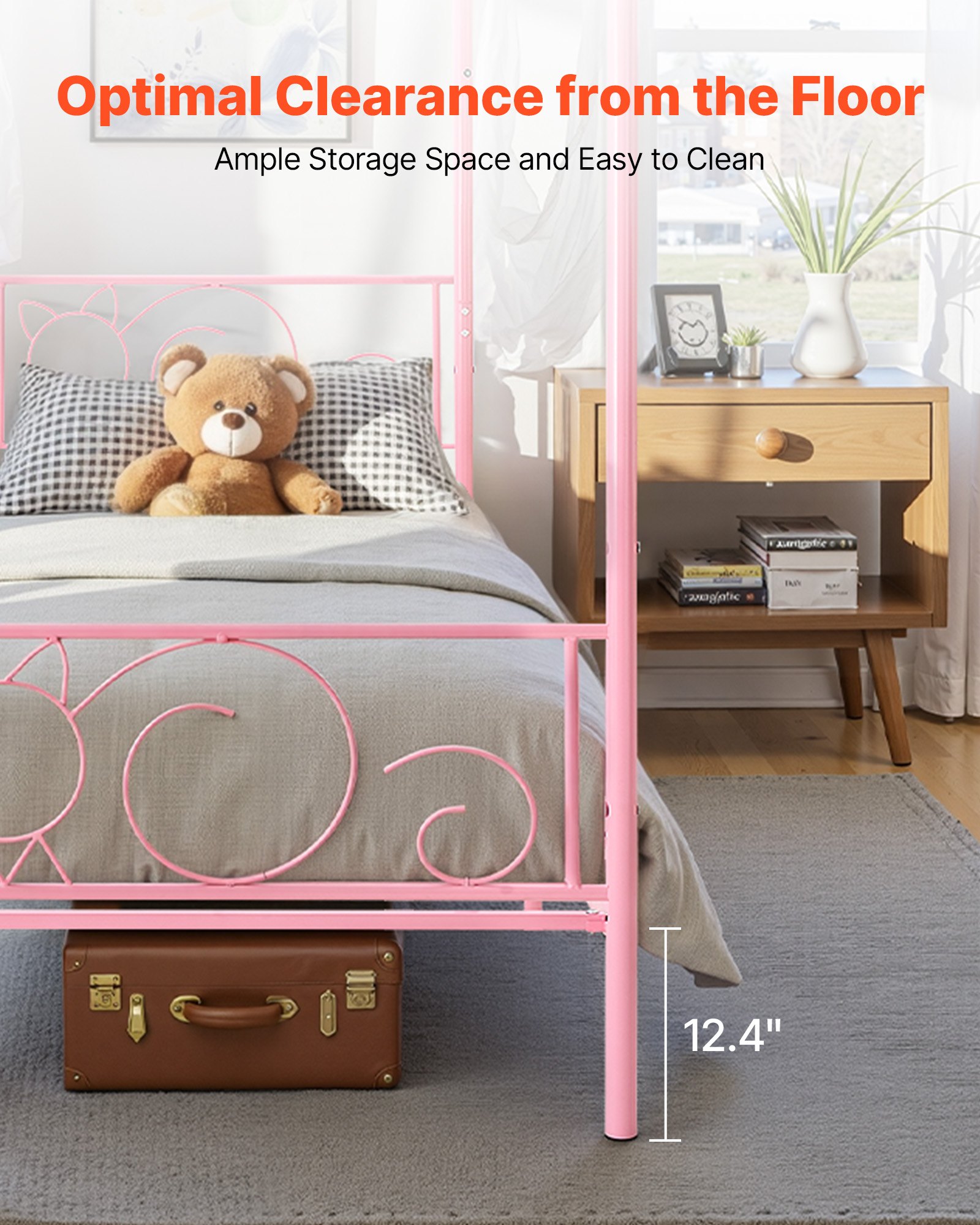 VEVOR Himmelbettrahmen (Twin Size), Metallhimmelbett mit minimalistischem Kopfteil & Himmelbett-Design, robuste Stahllattenstütze (rund), Stauraum unter dem Bett, kein Boxspring erforderlich, Rosa