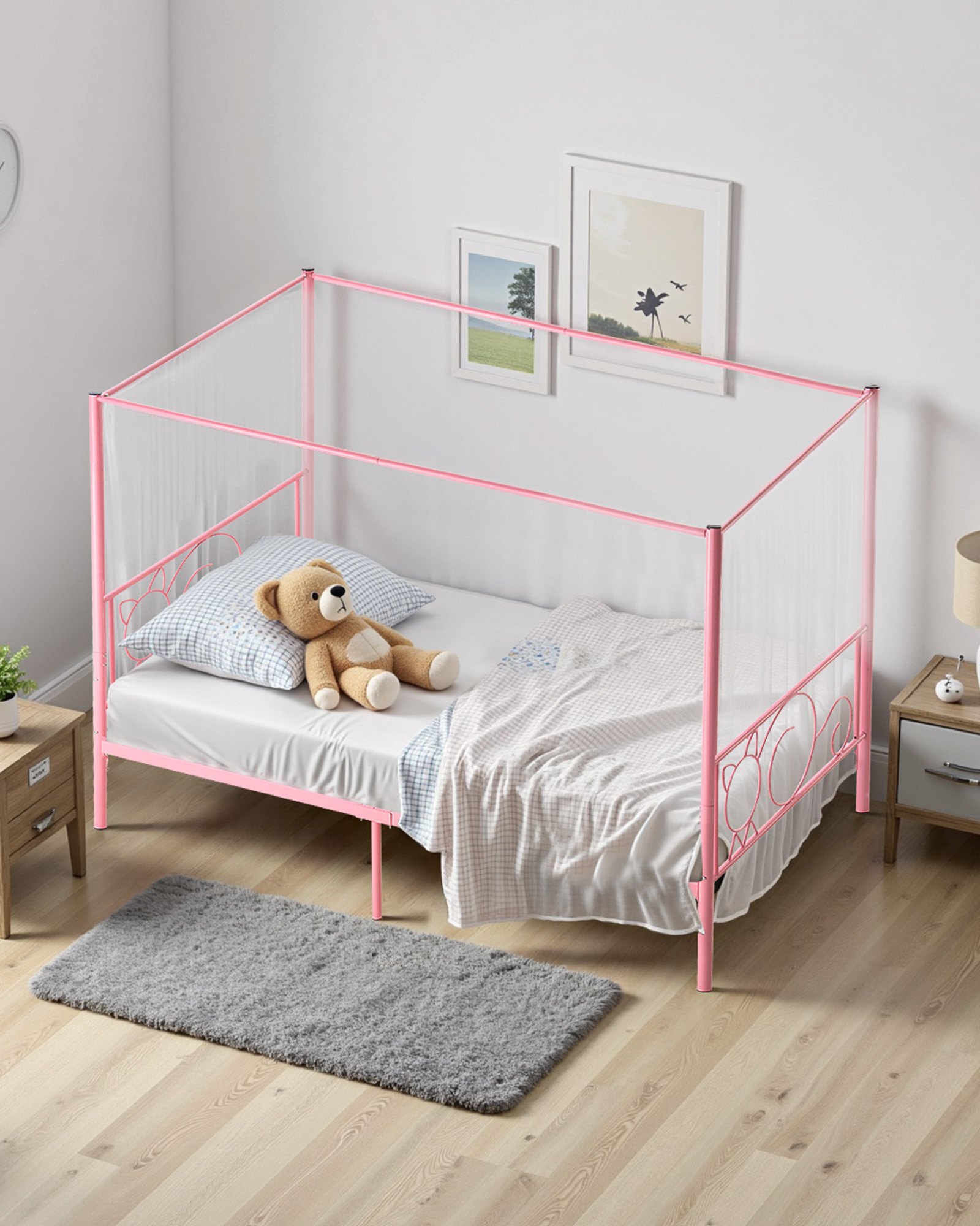VEVOR Himmelbettrahmen (Twin Size), Metallhimmelbett mit minimalistischem Kopfteil & Himmelbett-Design, robuste Stahllattenstütze (rund), Stauraum unter dem Bett, kein Boxspring erforderlich, Rosa