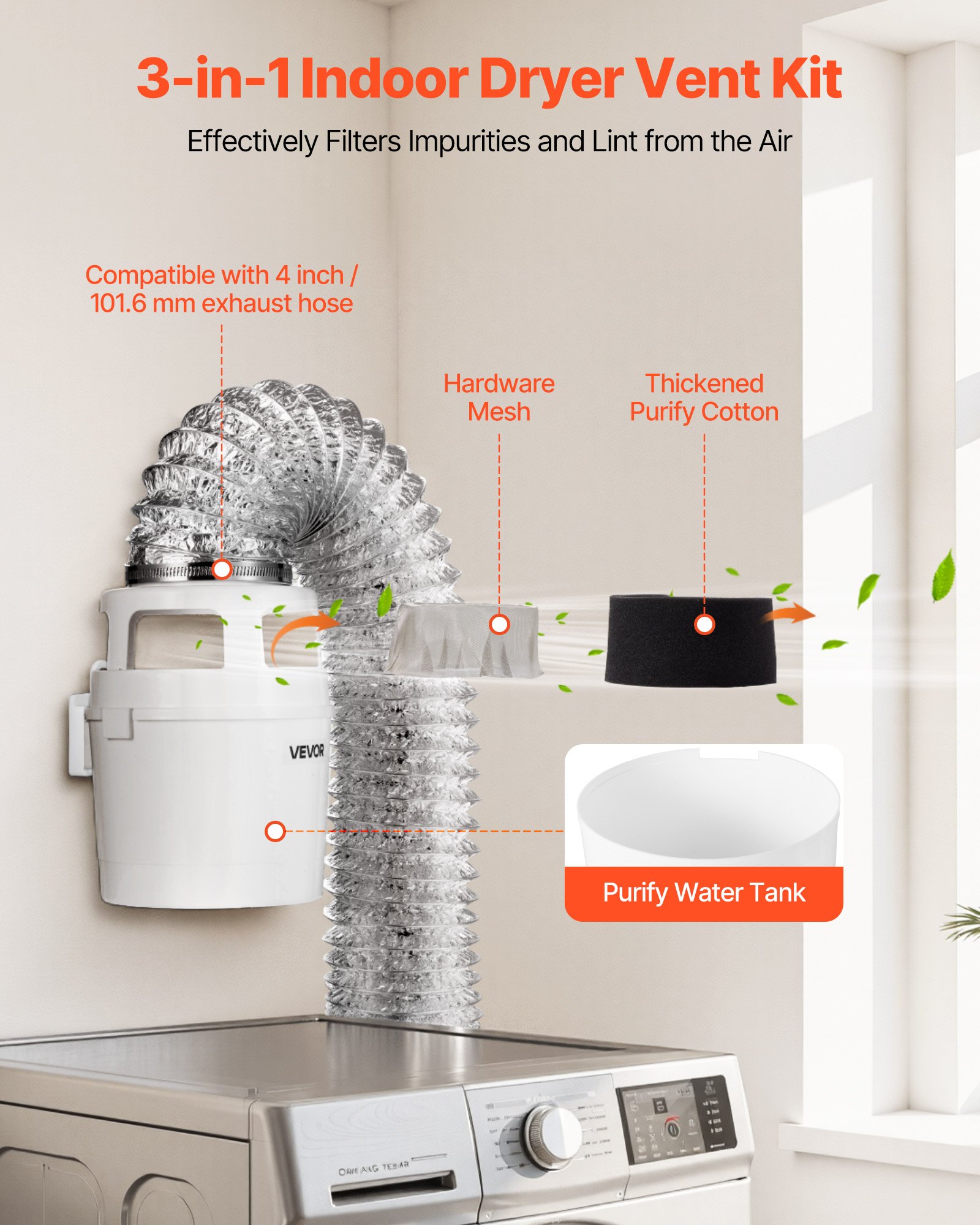 VEVOR 3-in-1 Indoor Dryer Vent Kit, with Bucket for Electric Dryer with 101.6 mm by 5-Feet Extendable Exhaust Hose, Premium Quality & Light Weight & No Extra Accessories Required for Apartments, RVs