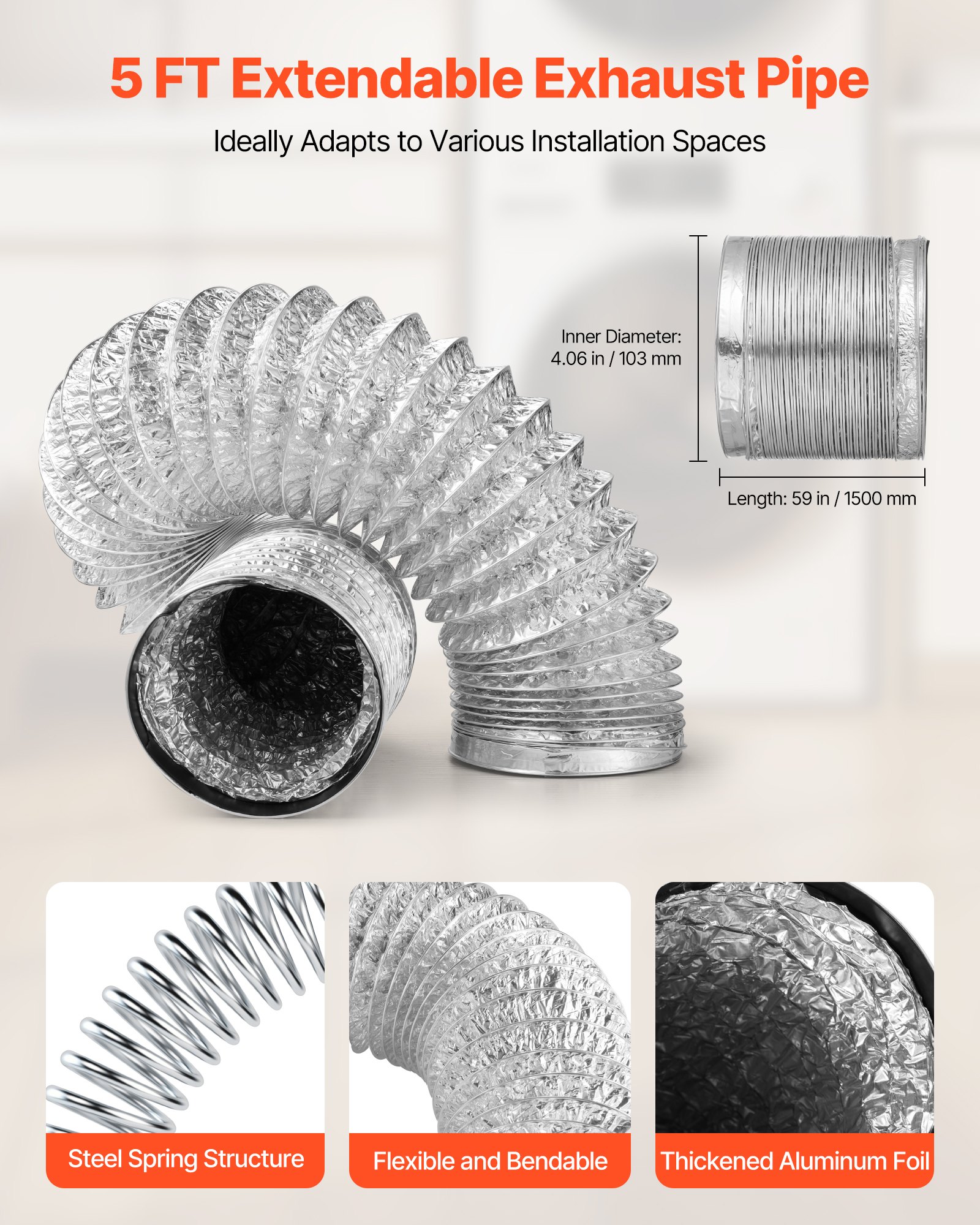 VEVOR 3-in-1 Indoor Dryer Vent Kit, with Bucket for Electric Dryer with 101.6 mm by 5-Feet Extendable Exhaust Hose, Premium Quality & Light Weight & No Extra Accessories Required for Apartments, RVs