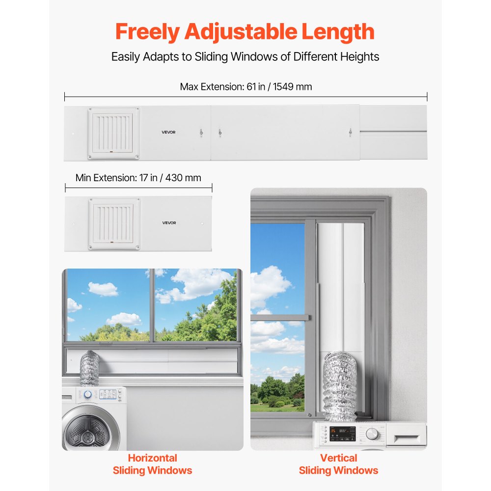VEVOR Trockner-Entlüftungsfenster-Set, passend für 101,6 mm Auslass, einstellbare Länge für Schiebefenster, PVC- und PP-Materialien, doppelter Schutz und mehrschichtiges Dichtungsdesign