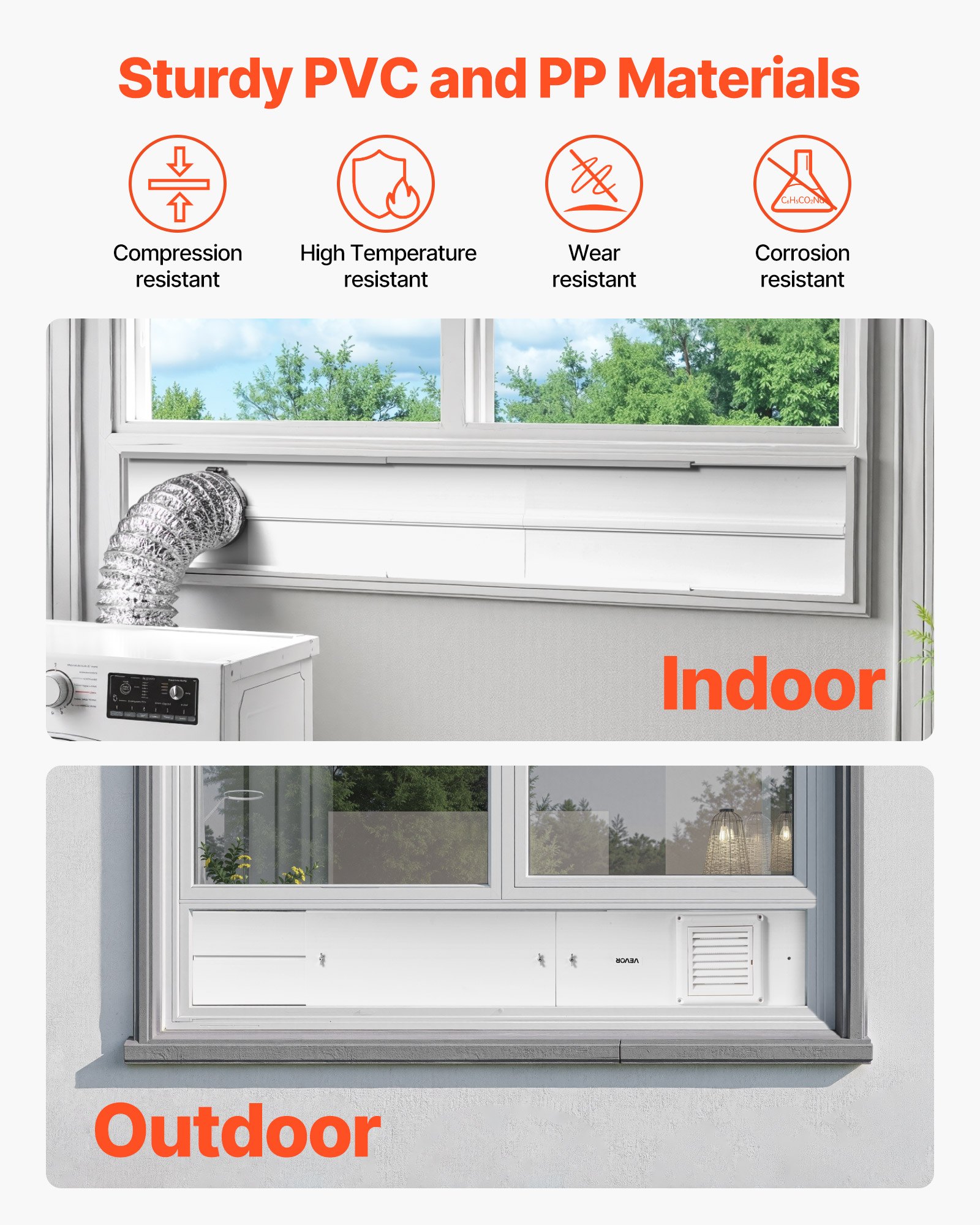 VEVOR Trockner-Entlüftungsfenster-Set, passend für 101,6 mm Auslass, einstellbare Länge für Schiebefenster, PVC- und PP-Materialien, doppelter Schutz und mehrschichtiges Dichtungsdesign