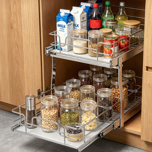 VEVOR Ausziehbares Gewürzregal Doppelkorb Spülschrankregal Küchenschrank, Schiebeschublade Waschbecken Gewürzregal Schrank Organizer Unterschrankregal 385x569x483 mm (Einbaumaße)