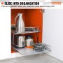 Ausziehbarer Schrank-Organizer von VEVOR mit Metallregal auf orangefarbenem Hintergrund für Küchentöpfe und Krüge.