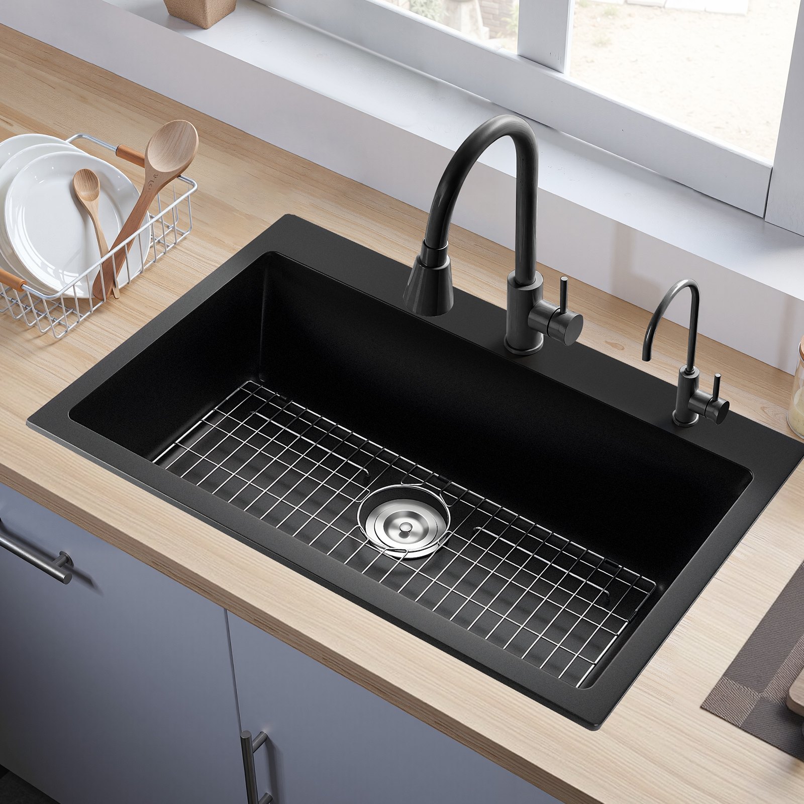 VEVOR Küchenspüle Granitspülen (838 x 559 x 222 mm) zur Aufputzmontage, Einbauspüle im Landhausstil mit Zubehörteilen, Haushaltsspülbecken für Wohnmobile, Vorbereitungsküchen, Bars, schwarz