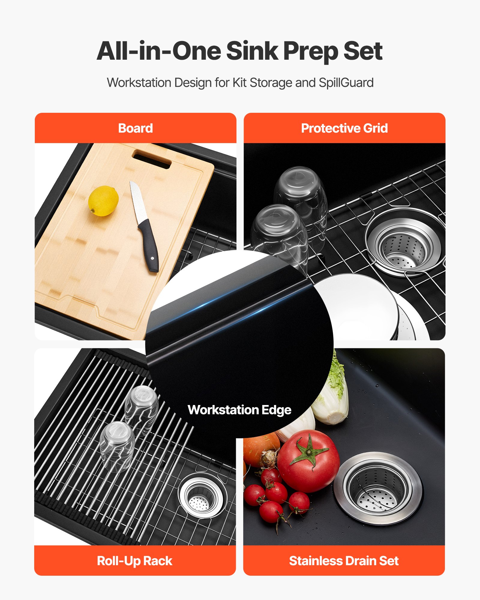 VEVOR 84 cm Kitchen Sink Workstation, Undermount Granite Sink, Drop-In Single Bowl Farmhouse Basin with Multiple Accessories, Household Dishwasher Sinks for RV, Prep Kitchen, and Bar (Black)