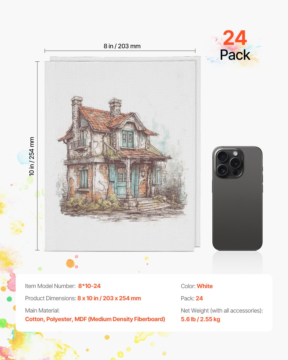 VEVOR Leinwandtafeln Leinwände (203 x 254 mm) zum Malen, Leinwände-Set 24 Stück aus Baumwolle, Malleinwandtafeln zum Skizzieren Acryl- und Ölmalerei Aquarell Malleinwand für Anfänger Profis Weiß