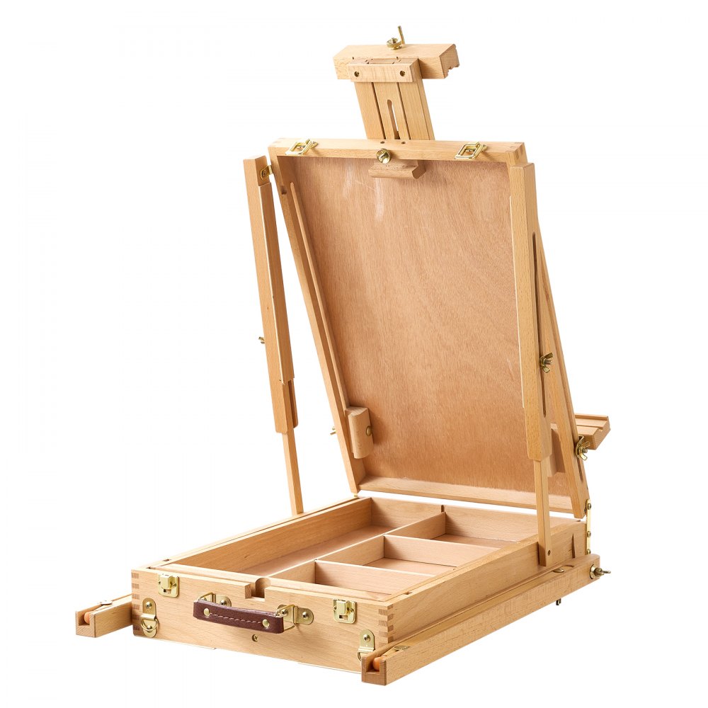 VEVOR Französische Kofferstaffelei Skizzenkasten für Leinwände bis 860 mm, für Malerarbeiten, aus Buchenholz, Höhen- & Winkelverstellbar, Faltbar & Tragbar, mit Schubladen, Palette & Schultergurt