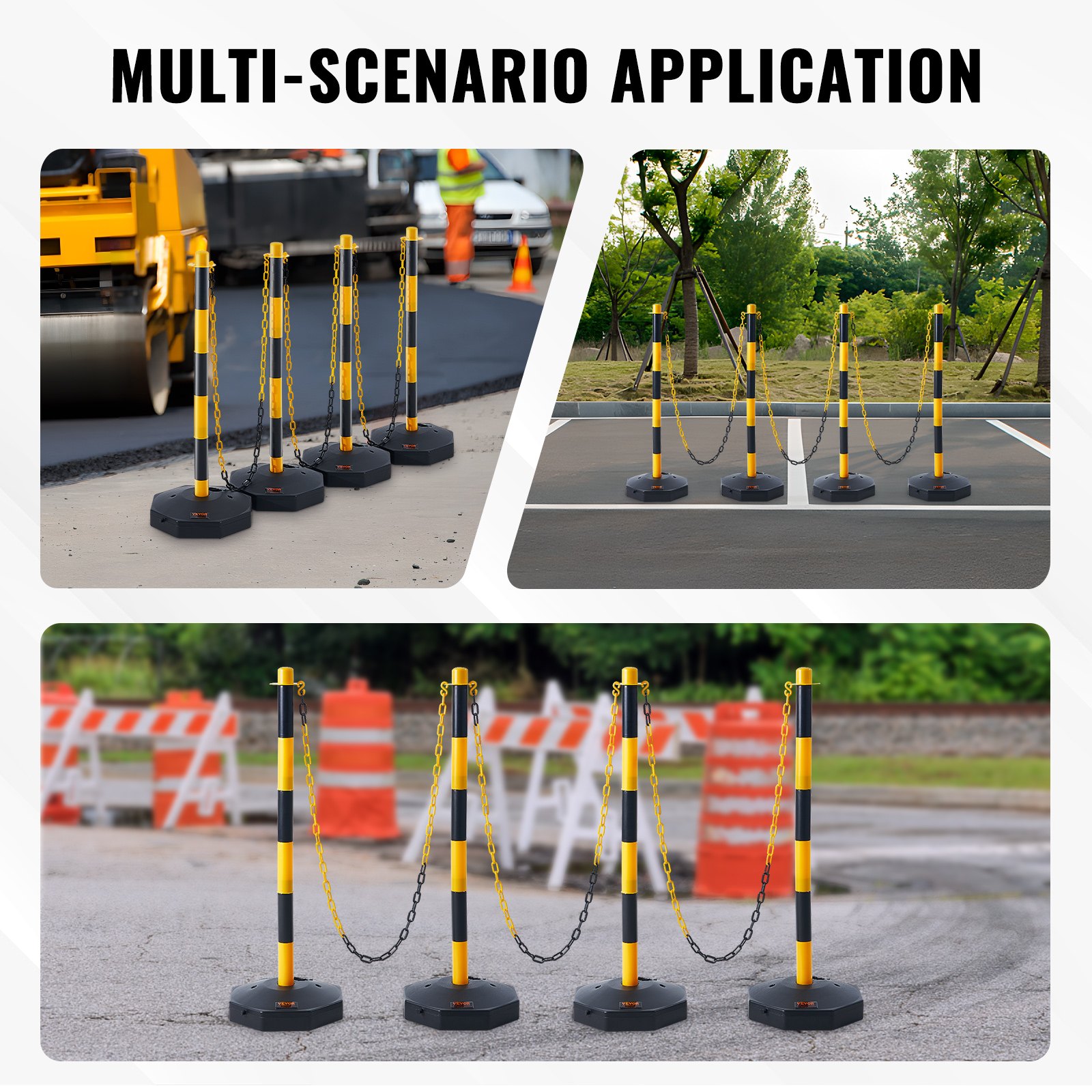 VEVOR Traffic Cones, 4-Pack, 285 x 285 mm, Warning Cones, Traffic Cones, Warning Cones with Chain, Guidepost Cones, Road Barrier Posts, Yellow & Black, Water and Sand Injection