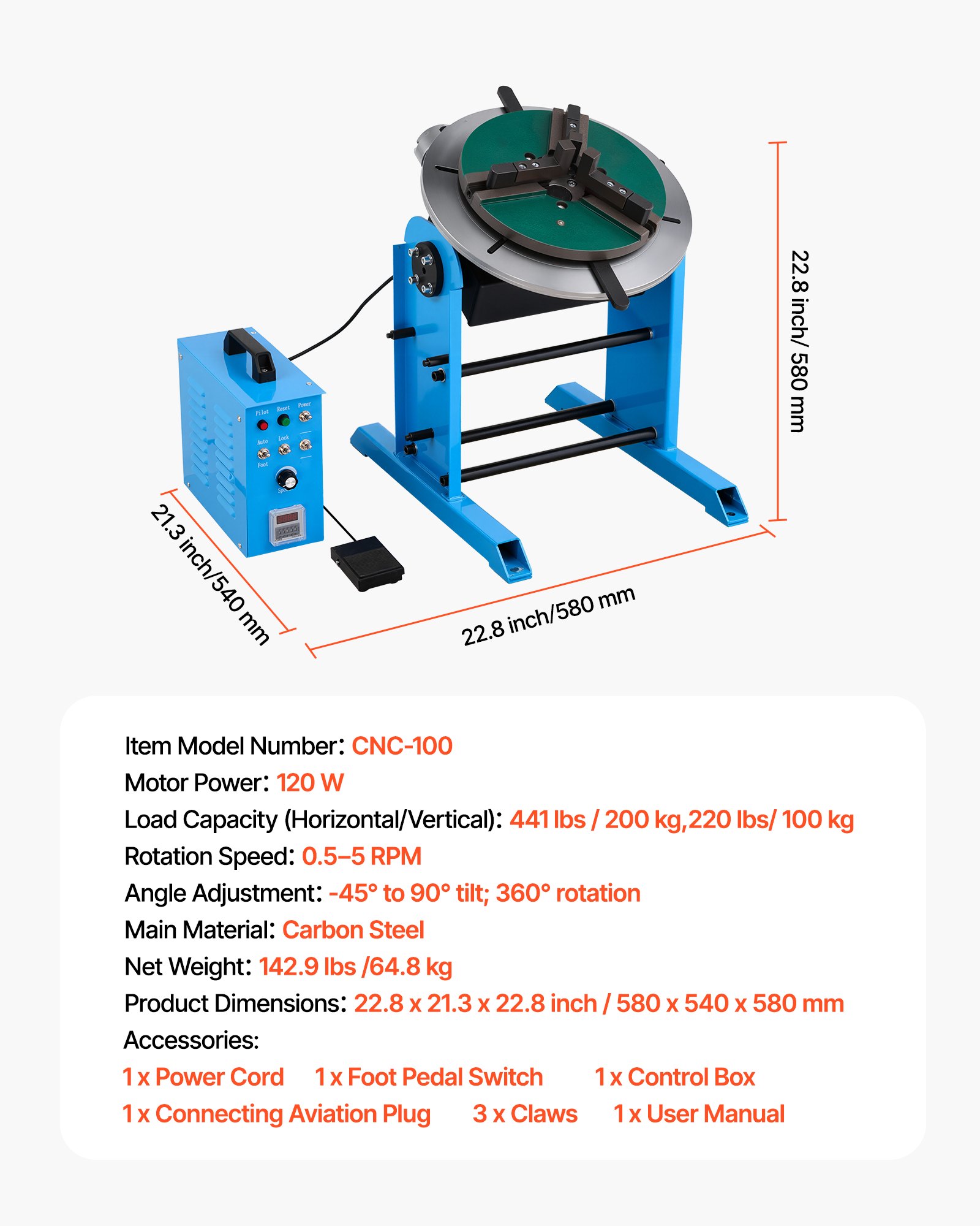 VEVOR Schweißdrehtisch 200 kg, Schweißpositionierer 120 W, Neigungswinkel -45° bis 90°, Drehzahlregelung 0,5–5 U/min, elektrisch & per Fußpedal, zum Schneiden, Schleifen & Montagearbeiten