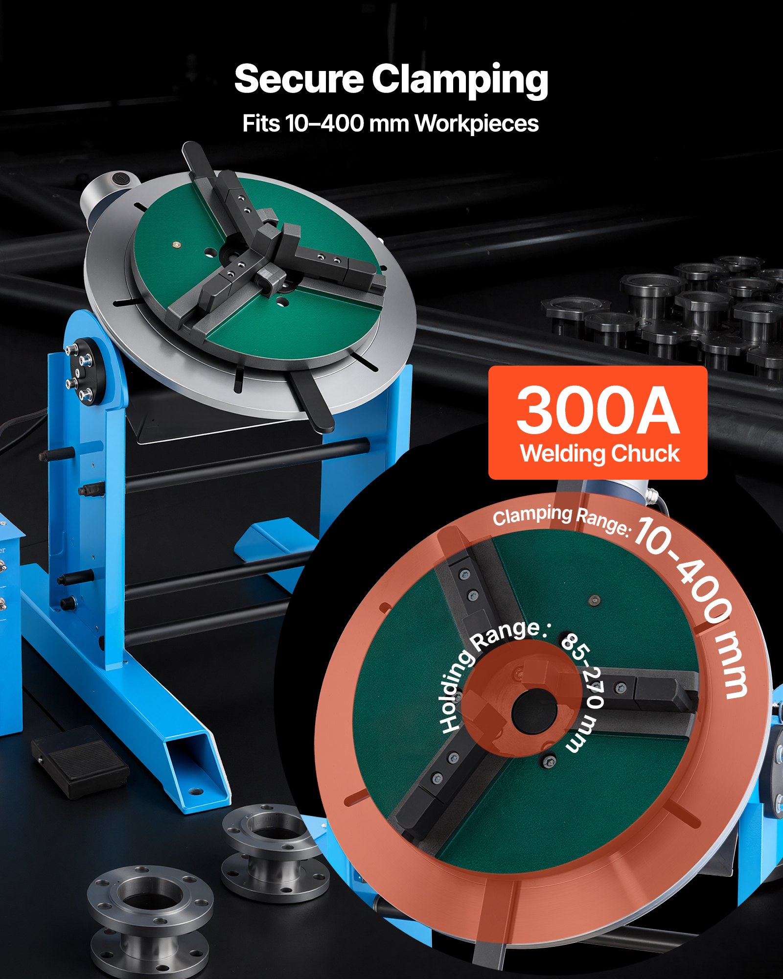 VEVOR Schweißdrehtisch 300 kg, Schweißpositionierer 200 W, Neigungswinkel -45° bis 90°, Drehzahlregelung 0,2–2,5 U/min, elektrisch & per Fußpedal, zum Schneiden, Schleifen & Montagearbeiten
