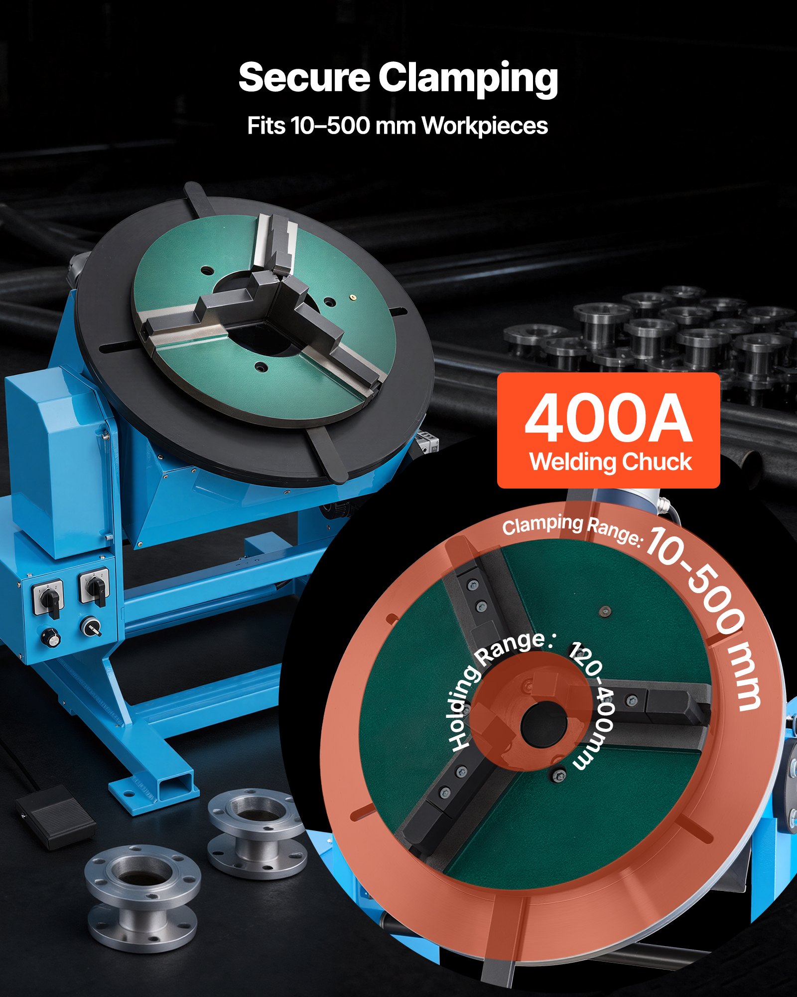 VEVOR Schweißdrehtisch 400 W, Schweißpositionierer 500 kg, Neigungswinkel -45° bis 90°, Drehzahlregelung 0,2–2 U/min, Elektrisch & per Fußpedal, zum Schneiden, Schleifen & für Montagearbeiten