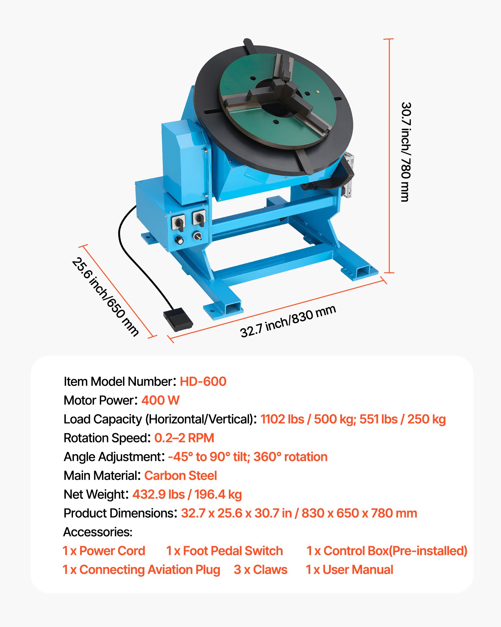 VEVOR Schweißdrehtisch 400 W, Schweißpositionierer 500 kg, Neigungswinkel -45° bis 90°, Drehzahlregelung 0,2–2 U/min, Elektrisch & per Fußpedal, zum Schneiden, Schleifen & für Montagearbeiten