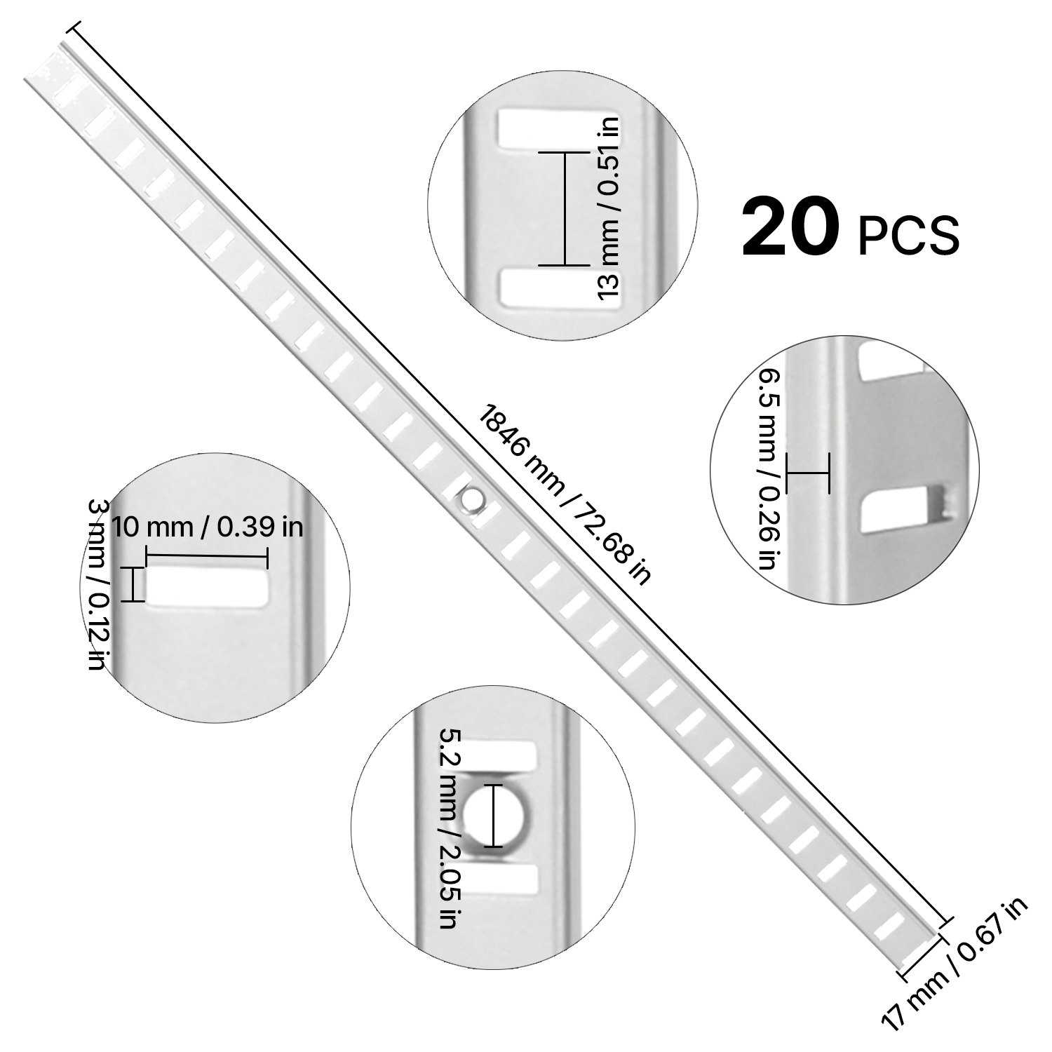 VEVOR Regalpilaster, 1846 mm, 20er-Pack, verstellbare Regalhalterungen, Einsteck-Pilasterleisten-Standards mit 140 Schrauben, geeignet für Wandregalsystem, Schrankorganisation