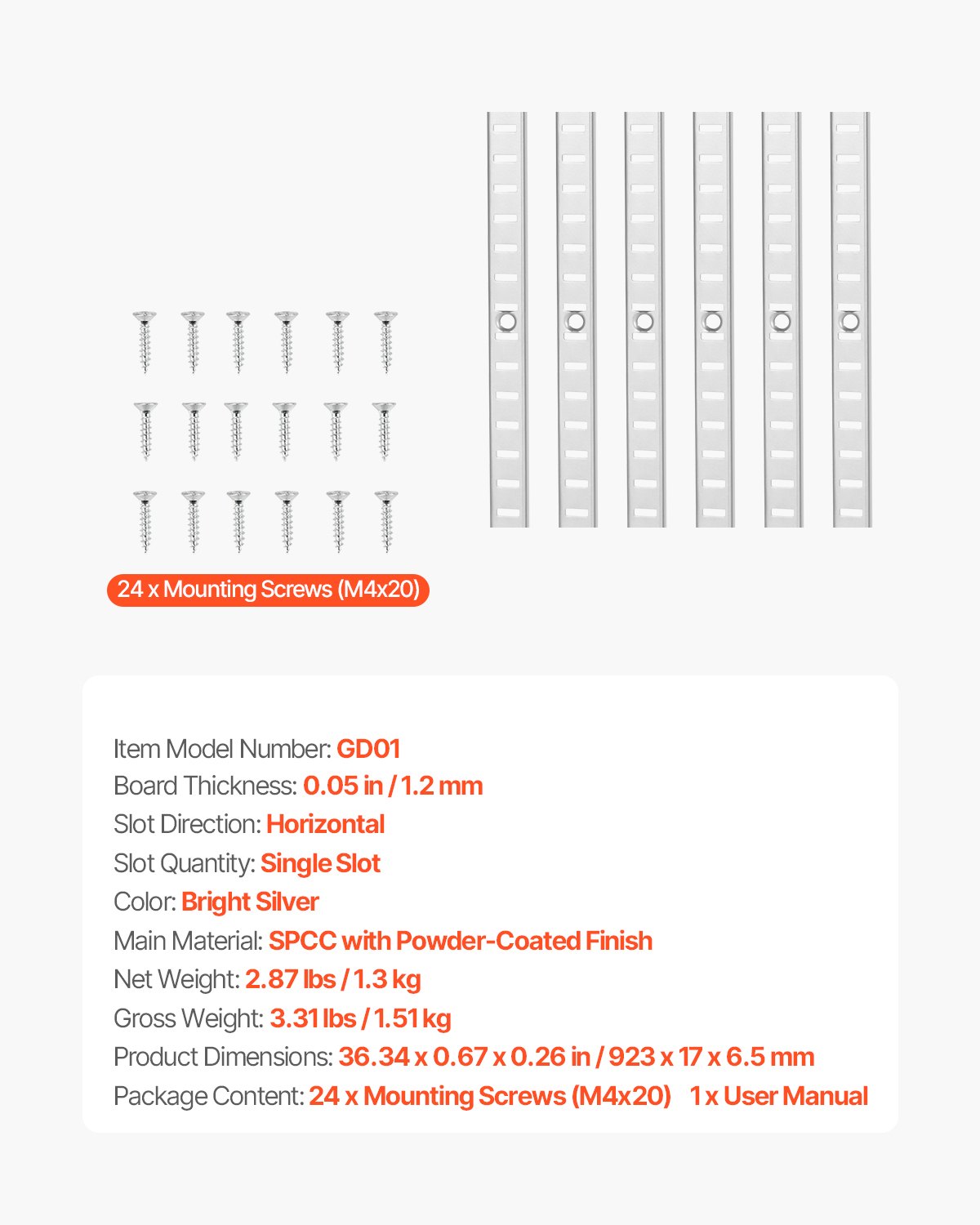 VEVOR Regalpilaster, 923 mm, 6er-Pack, verstellbare Regalhalterungen aus Stahl, Einsteck-Pilasterleisten-Standards mit 24 Schrauben, geeignet für Wandregalsystem, Schrankorganisation