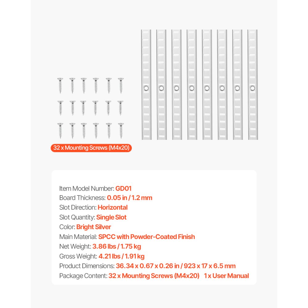 VEVOR Regalpilaster, 923 mm, 8er-Pack, verstellbare Regalhalterungen aus Stahl, Einsteck-Pilasterleisten-Standards mit 32 Schrauben, geeignet für Wandregalsystem, Schrankorganisation
