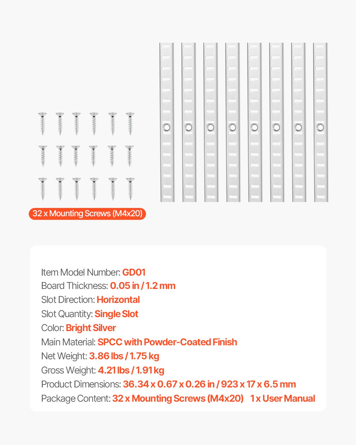 VEVOR Regalpilaster, 923 mm, 8er-Pack, verstellbare Regalhalterungen aus Stahl, Einsteck-Pilasterleisten-Standards mit 32 Schrauben, geeignet für Wandregalsystem, Schrankorganisation