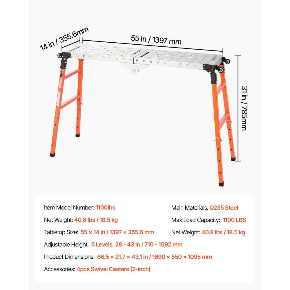 VEVOR 2-in-1 Schweißplattform & Schweißtisch 1397x355,6mm 500kg Tragkraft, Klappbare Werkbank aus Stahl für Werkstatt Garage Baustelle, mit 4 Rollen 12 Werkzeugschlitzen & 14mm Befestigungslöchern