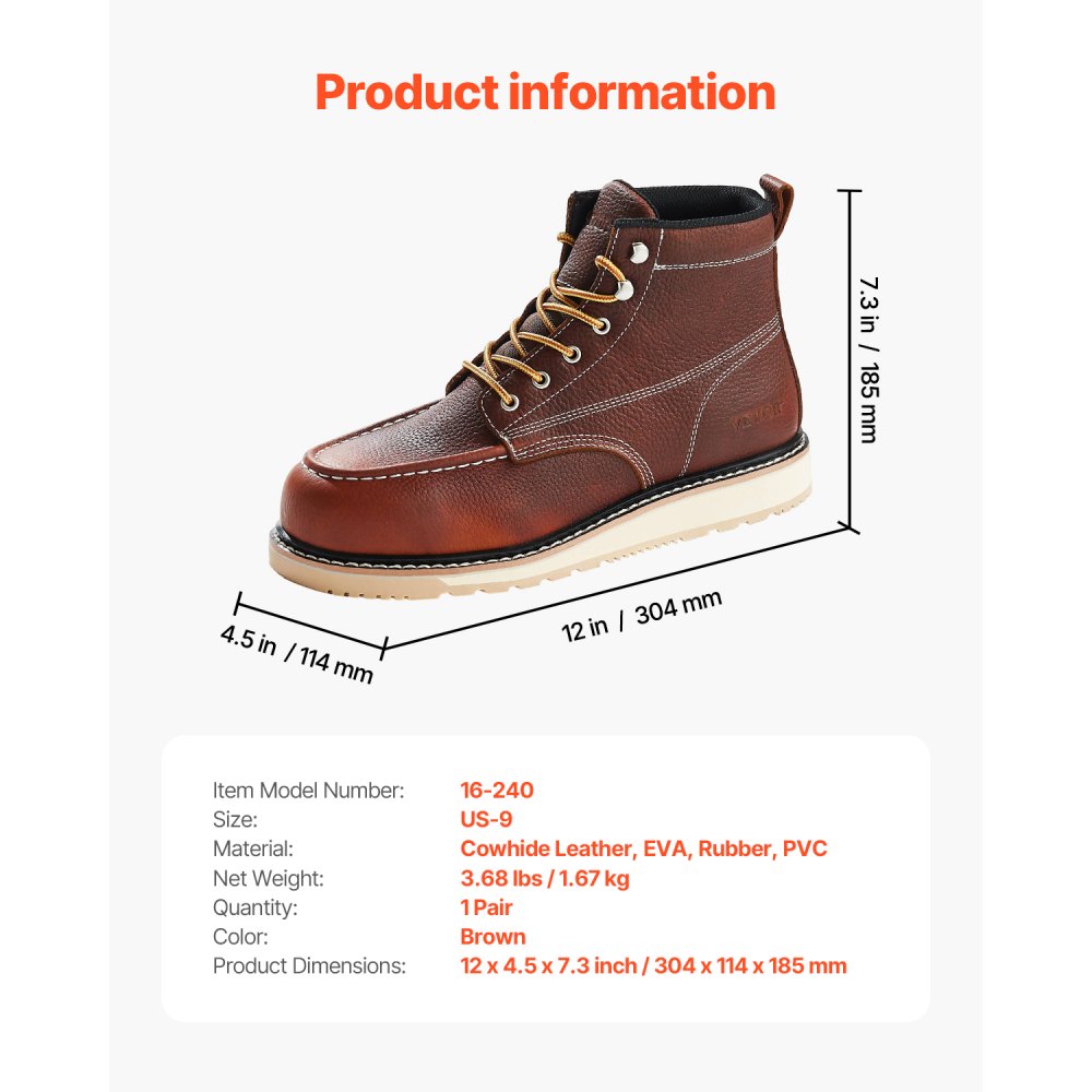 VEVOR Arbeitsstiefel mit Stahlkappe, US-Größe 9, Arbeitsschuhe für Herren, rutschfeste Arbeitsstiefel, leichte und atmungsaktive Herrenstiefel mit EVA-Gummisohle für Industrie und Bau, Braun