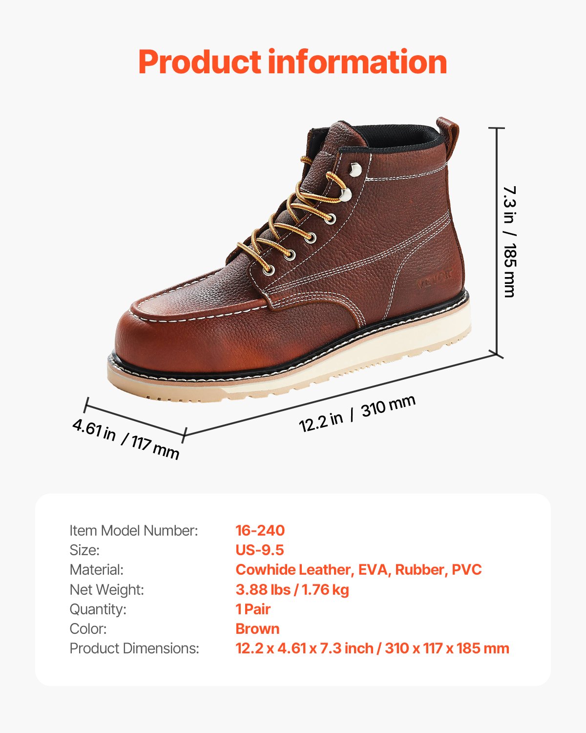 VEVOR Arbeitsstiefel mit Stahlkappe, US-Größe 9,5, Arbeitsschuhe für Herren, Sicherheitsschuhe, leichte und atmungsaktive Herrenstiefel mit EVA-Gummisohle für Industrie und Bau, Braun