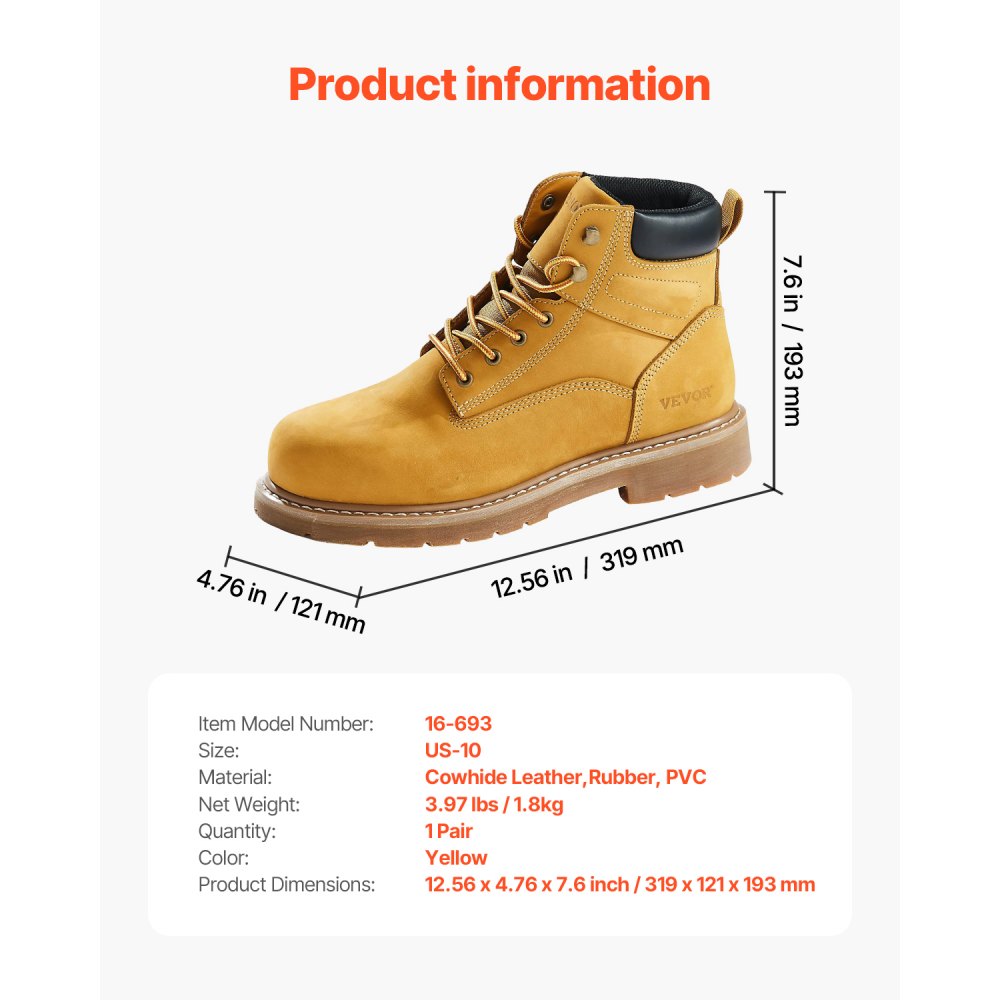 VEVOR Arbeitsstiefel mit Stahlkappe, US-Größe 10, Arbeitsschuhe für Herren, Sicherheitsschuhe, leichte und atmungsaktive Herrenstiefel mit Gummisohle für Industrie und Bau, Braun Gelb