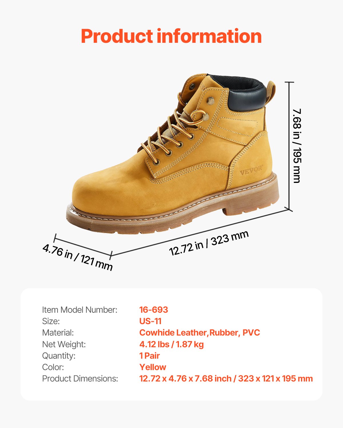 VEVOR Arbeitsstiefel mit Stahlkappe, EU-Größe 45, Arbeitsschuhe für Herren, Sicherheitsschuhe, leichte und atmungsaktive Gummisohle für Herrenstiefel für Industrie und Bau, Braungelb