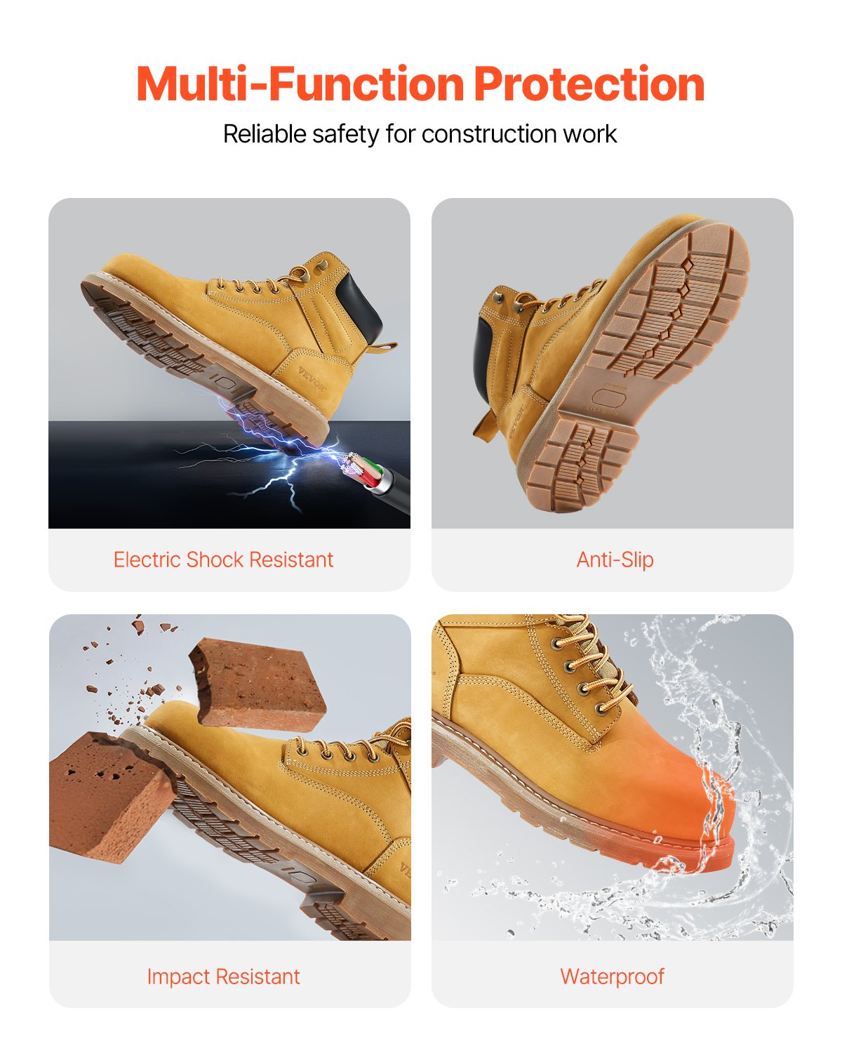 VEVOR Arbeitsstiefel mit Stahlkappe, US-Größe 13, Arbeitsschuhe für Herren, Sicherheitsschuhe, leichte und atmungsaktive Gummisohle für Herrenstiefel für Industrie und Bau, Braungelb