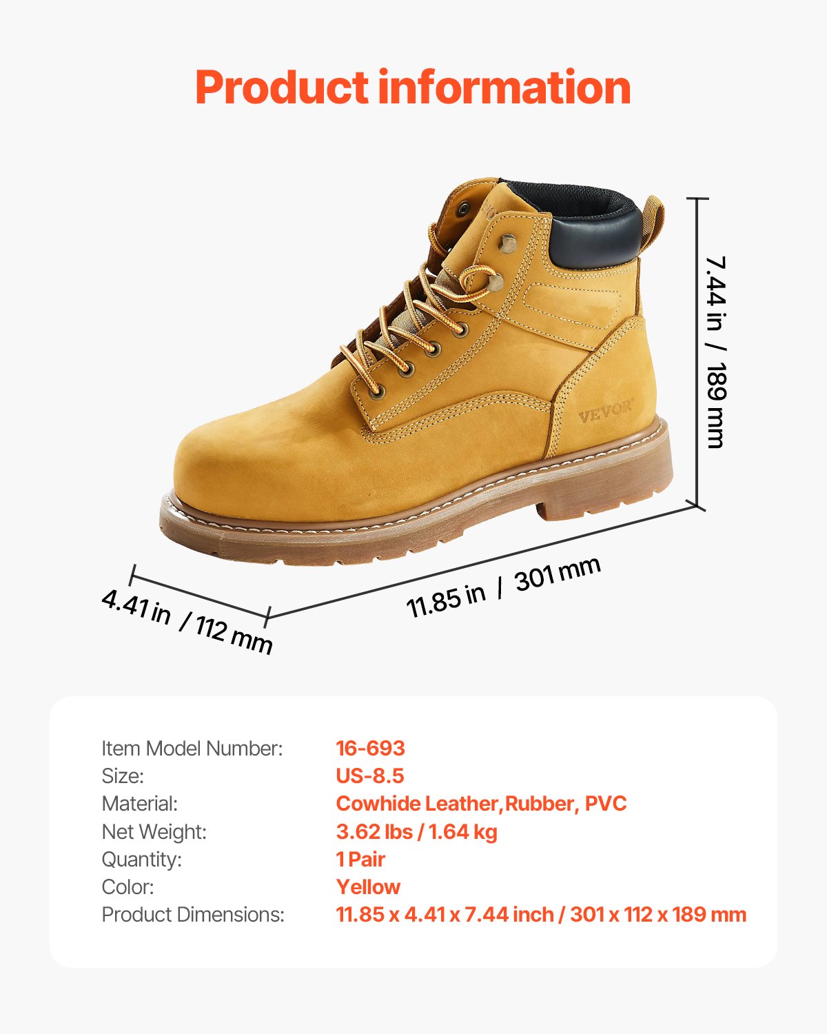 VEVOR Arbeitsstiefel mit Stahlkappe, US-Größe 8,5, wasserdichte Arbeitsstiefel für Herren, rutschfeste Arbeitsstiefel, leichte und atmungsaktive Gummisohle, Herrenstiefel für Industrie und Bauwesen, Braungelb