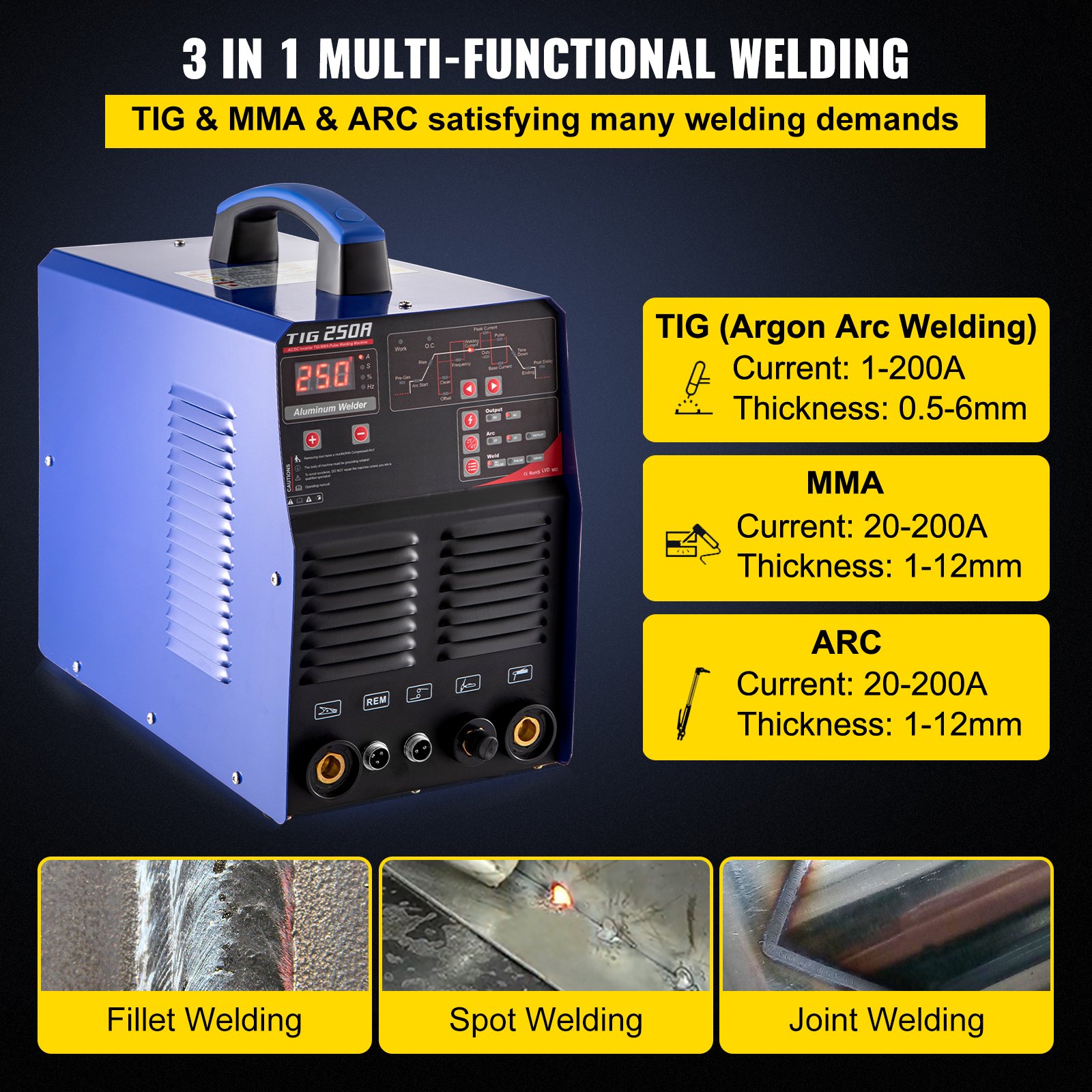 Vevor 250a Wig/mma/arc Schweißgerät Inverter Welder Tig Ac/dc Digitalanzeige