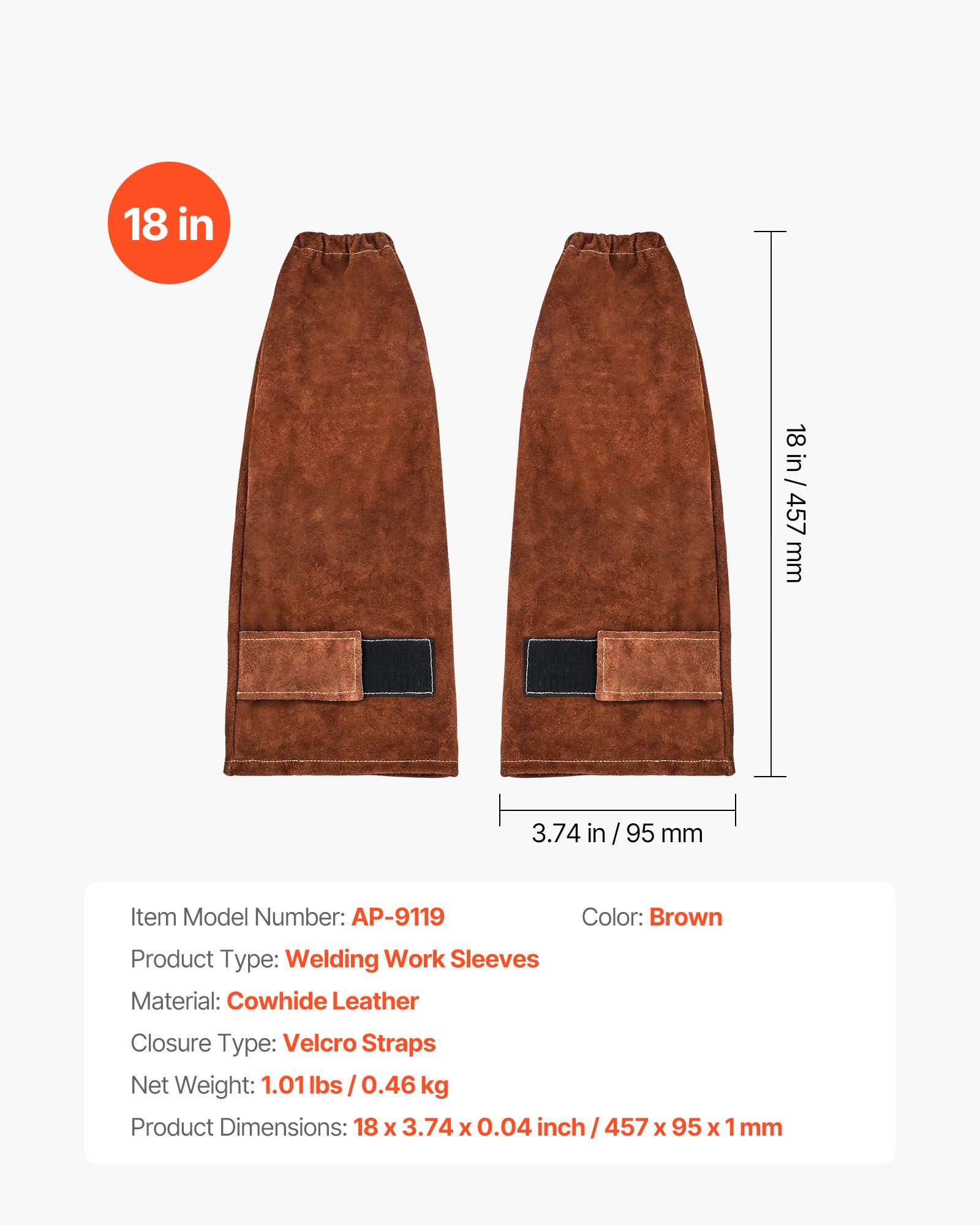 VEVOR Schweißerärmel, 457x95 mm, Schweißerstulpen, Schweißerschutzärmel aus Rindsleder zum Schutz der Arme, Schweißerarmschutz zum Schweißen, Schmieden, Holzarbeiten, Gartenarbeit