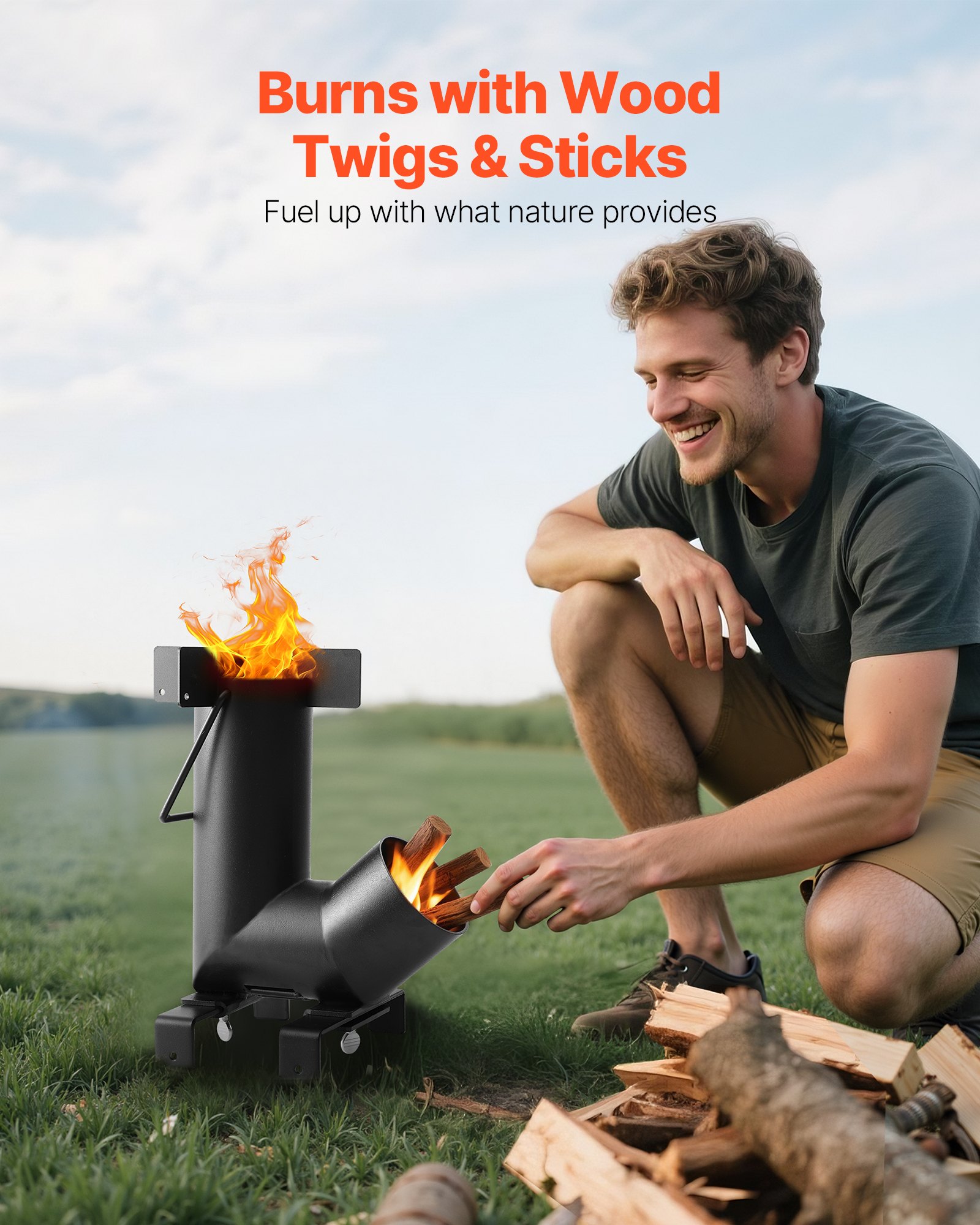 VEVOR Raketenofen, BBQ Rakete Holzofen aus Karbonstahl mit Tragetasche, zum Verbrennen von Zweigen, Stöcken oder Holzkohle zum Outdoor Kochen, Camping Outdoor-Campingkocher, Campinggrill