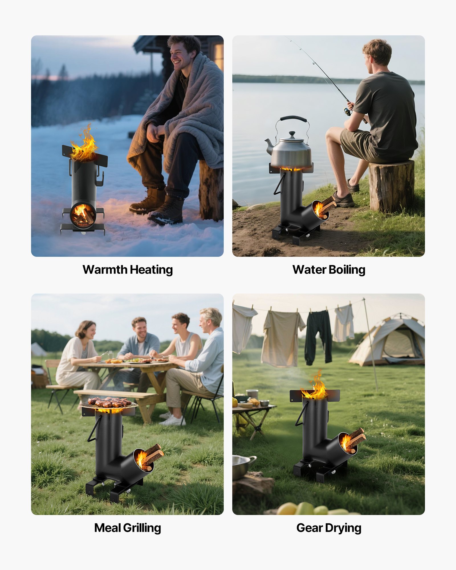 VEVOR Raketenofen, BBQ Rakete Holzofen aus Karbonstahl mit Tragetasche, zum Verbrennen von Zweigen, Stöcken oder Holzkohle zum Outdoor Kochen, Camping Outdoor-Campingkocher, Campinggrill