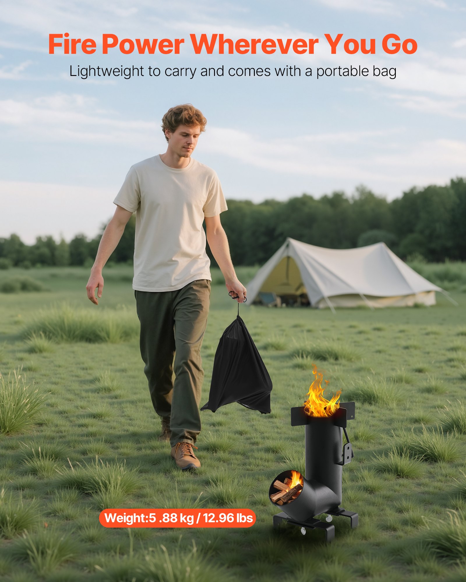 VEVOR Raketenofen, BBQ Rakete Holzofen aus Karbonstahl mit Tragetasche, zum Verbrennen von Zweigen, Stöcken oder Holzkohle zum Outdoor Kochen, Camping Outdoor-Campingkocher, Campinggrill
