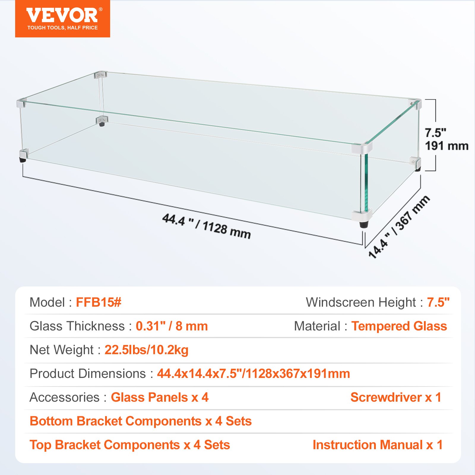 VEVOR glass windscreen for rectangular fire pit table 1128 x 367 x 191 mm, 8 mm thick and stable tempered glass pane with hard aluminum corner bracket and rubber feet, easy to assemble
