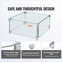 VEVOR Windschutz für Gas-Feuerstelle für quadratischen Feuertisch, 380 x 380 x 180 mm, Windschutz für Feuerstellen, 8 mm dicker quadratischer Glasschutz, Glasplatte mit harter Eckhalterung und Füßen