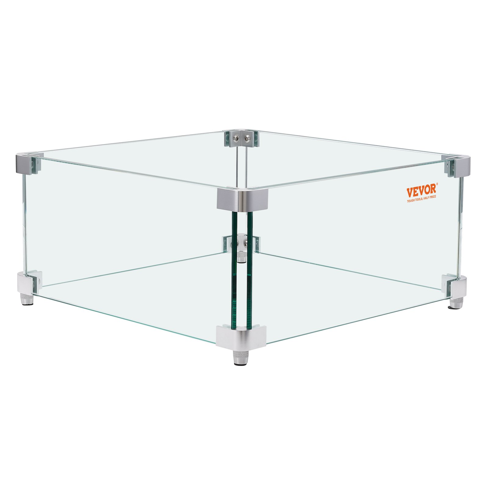 VEVOR Windscreen for Gas Fire Pit for Square Fire Table, 380 x 380 x 180 mm, Windscreen for Fire Pits, 8 mm Thick Square Glass Protection, Glass Plate with Hard Corner Bracket and Feet