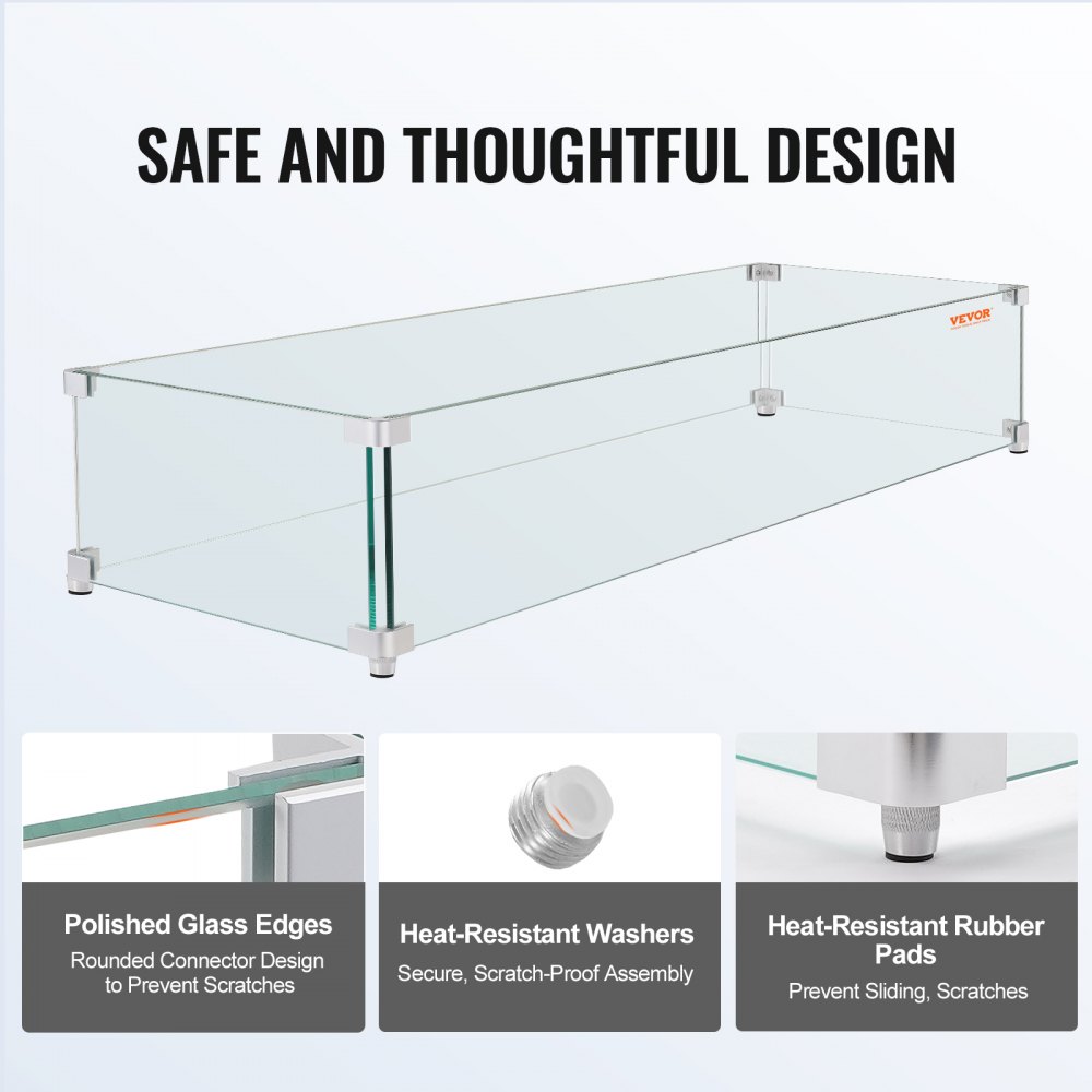 VEVOR Windschutz für Gas-Feuerstelle für quadratischen Feuertisch, 595 x 190 x 165 mm, Windschutz für Feuerstellen, 8 mm dicker quadratischer Glasschutz, Glasplatte mit harter Eckhalterung und Füßen