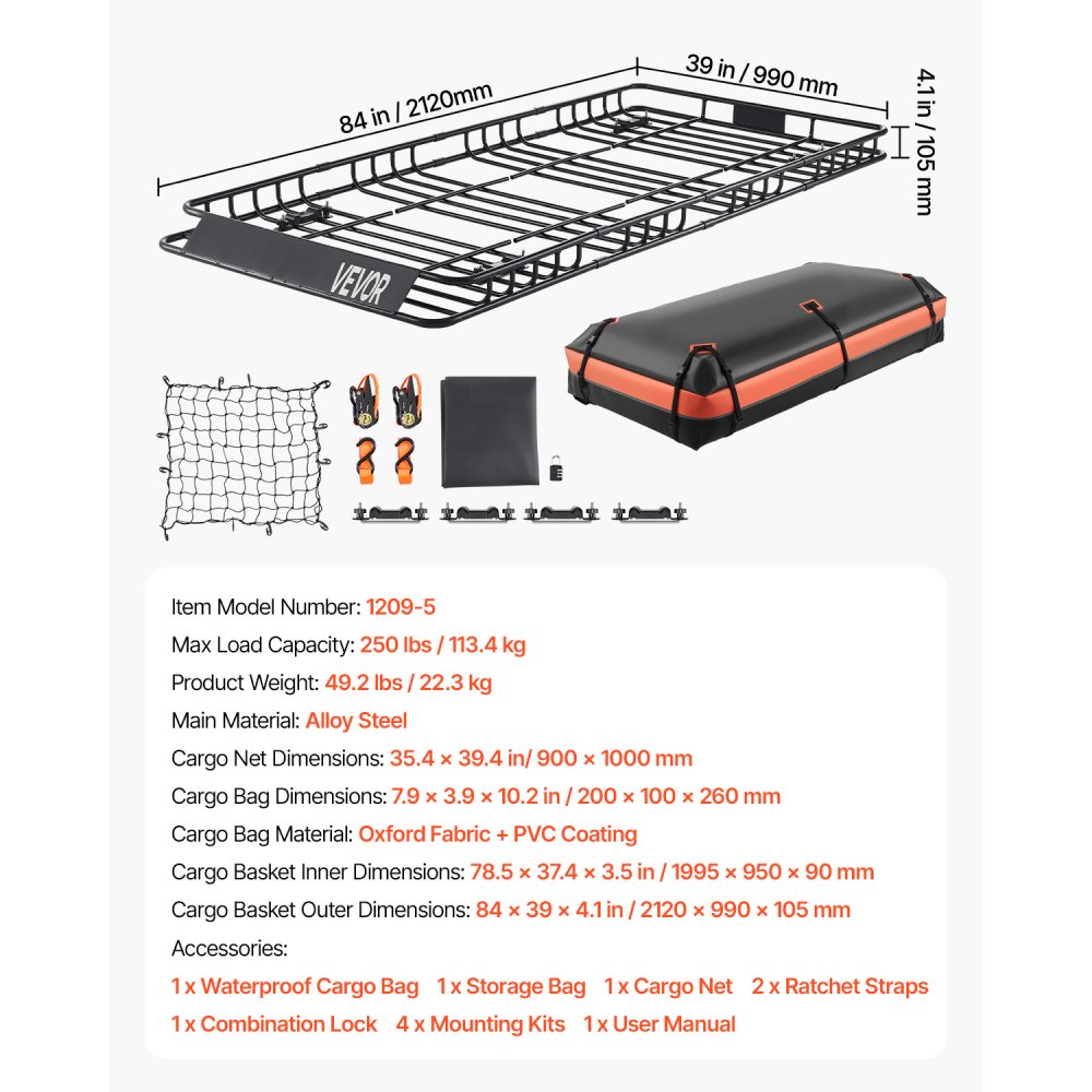 VEVOR Dachgepäckträgerkorb Autodachkorb (2120 x 990 x 105 mm) universeller Dachgepäckträger mit Gepäcktasche & Netz & Ratschengurten (113,4 kg Max Tragkraft), Autodach-Gepäckträger für SUV Lkw