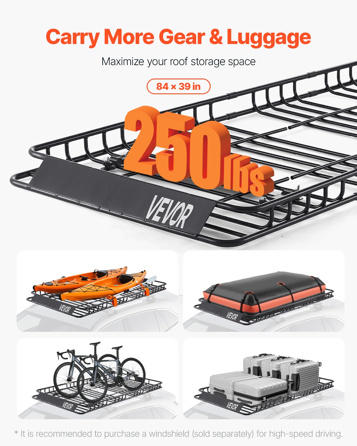 VEVOR Dachgepäckträgerkorb Autodachkorb (2120 x 990 x 105 mm) universeller Dachgepäckträger mit Gepäcktasche & Netz & Ratschengurten (113,4 kg Max Tragkraft), Autodach-Gepäckträger für SUV Lkw