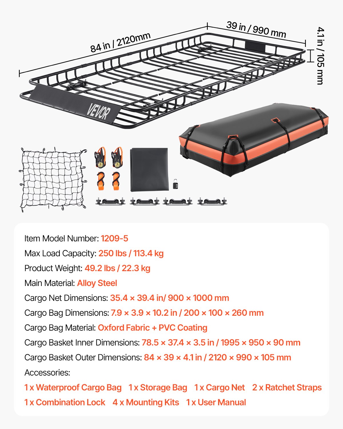 VEVOR Dachgepäckträgerkorb Autodachkorb (2120 x 990 x 105 mm) universeller Dachgepäckträger mit Gepäcktasche & Netz & Ratschengurten (113,4 kg Max Tragkraft), Autodach-Gepäckträger für SUV Lkw
