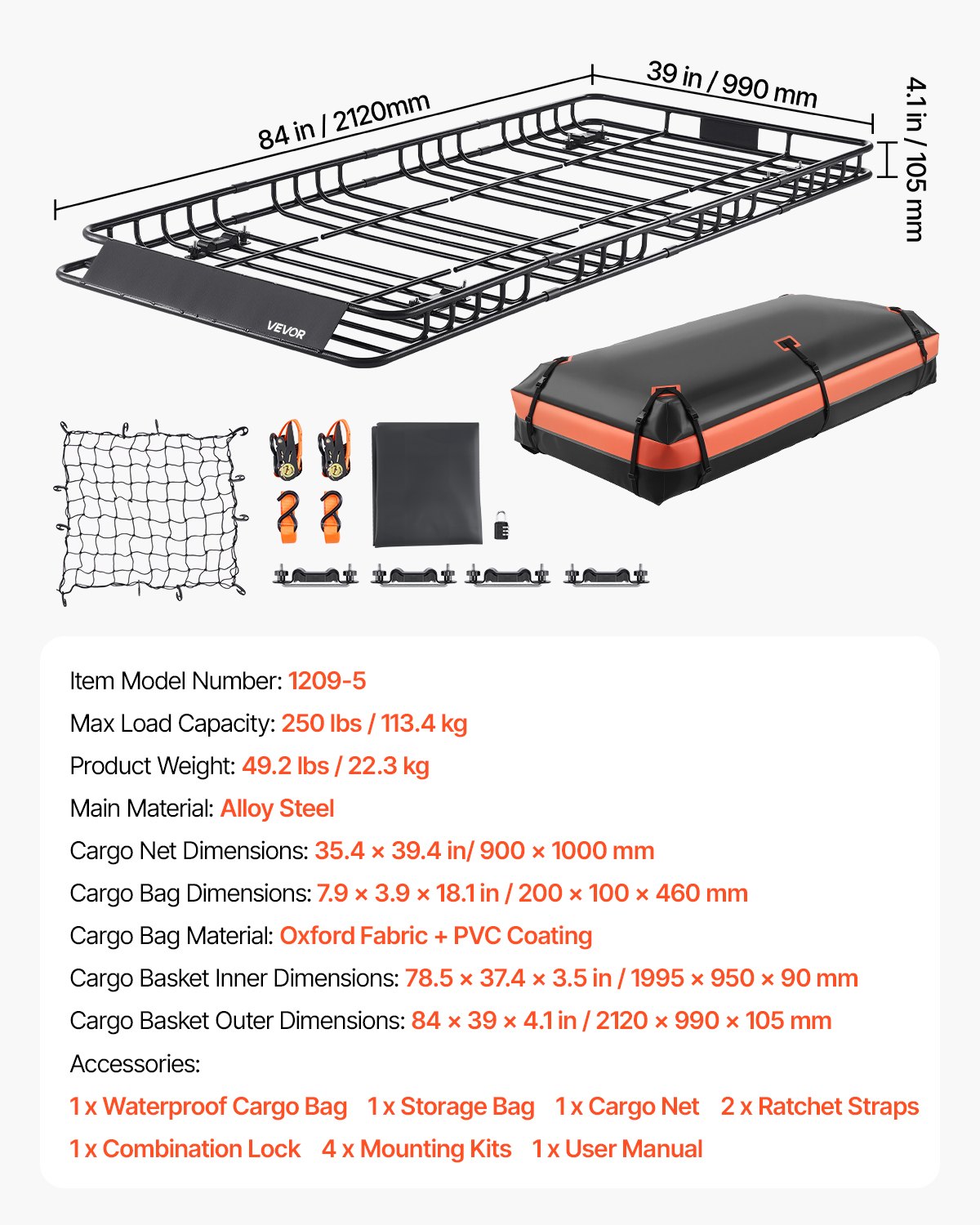VEVOR Dachträgerkorb 2120 x 990 x 105 mm mit Gepäcktasche, für Gepäck Sport- und Campingausrüstung, 113,4 kg Tragkraft, mit Zahlenschloss, Gepäcknetz, Ratschengurten und 4 U-Bügeln